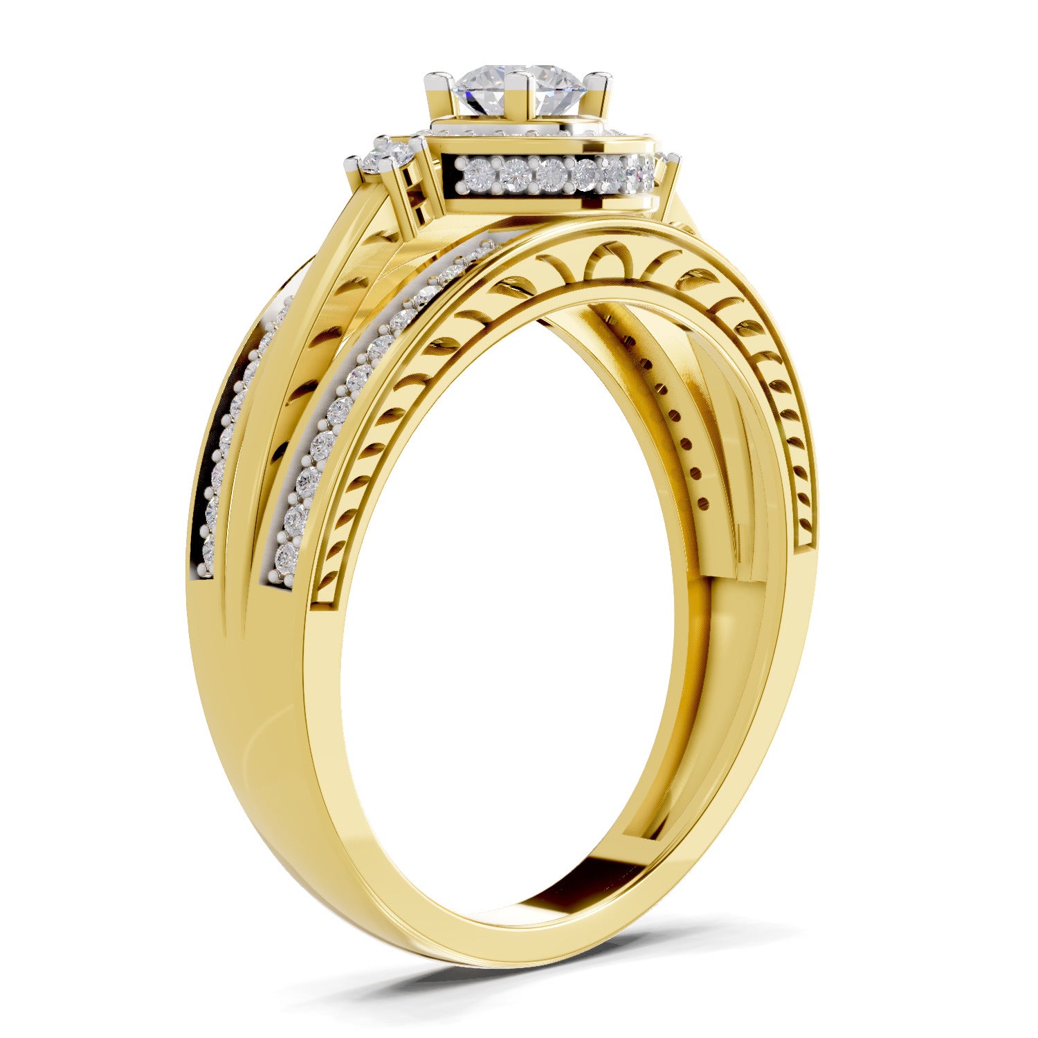 0.6 Carat Round Shape Circle Halo Engagement Ring | 14K Yellow Gold