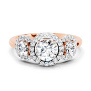1.01 Ct Round 3 Stone Halo Diamond Ring | 14K Rose Gold