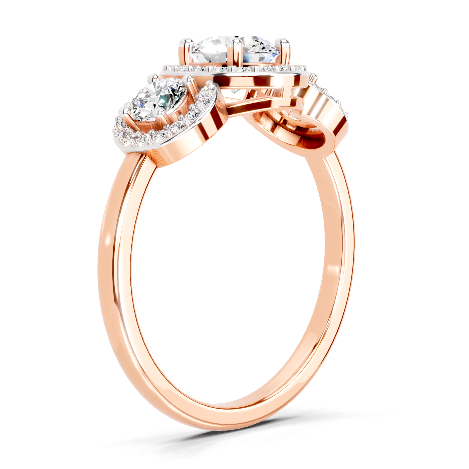 1.01 Ct Round 3 Stone Halo Diamond Ring | 14K Rose Gold