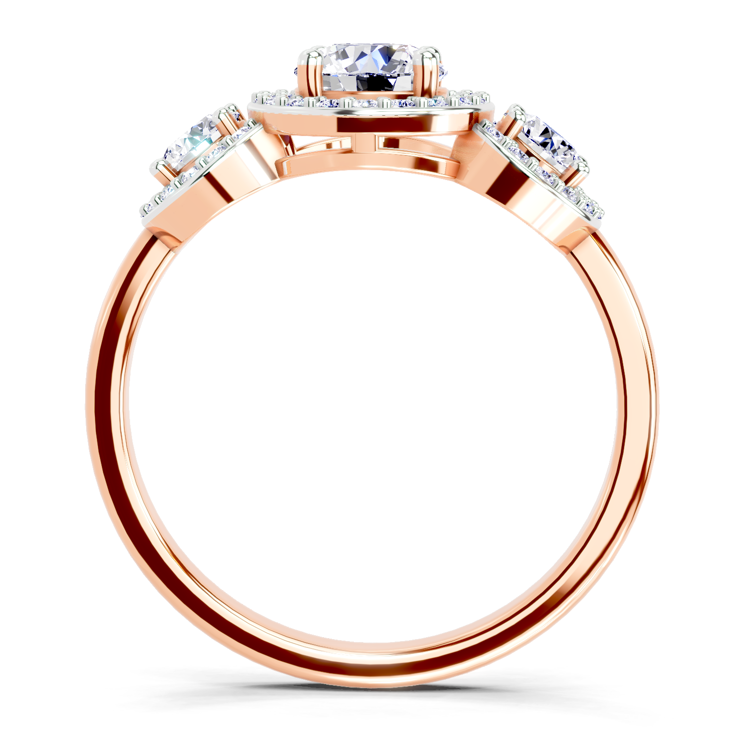 1.01 Ct Round 3 Stone Halo Diamond Ring | 14K Rose Gold