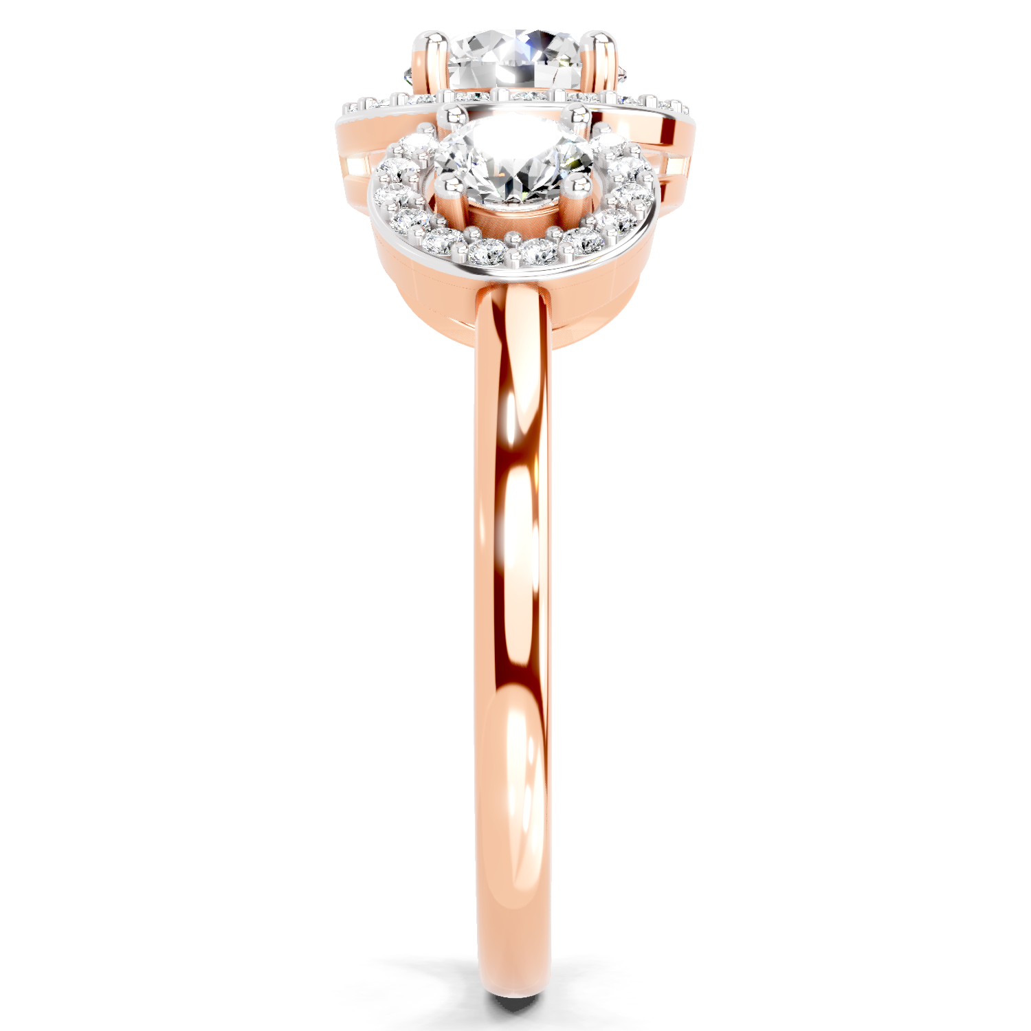 1.01 Ct Round 3 Stone Halo Diamond Ring | 14K Rose Gold