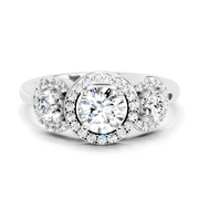 1.01 Ct Round 3 Stone Halo Diamond Ring | 14K White Gold