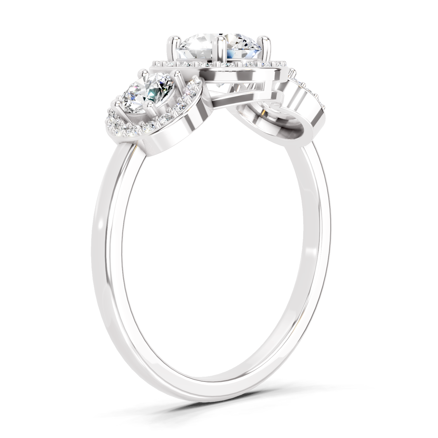 1.01 Ct Round 3 Stone Halo Diamond Ring | 14K White Gold