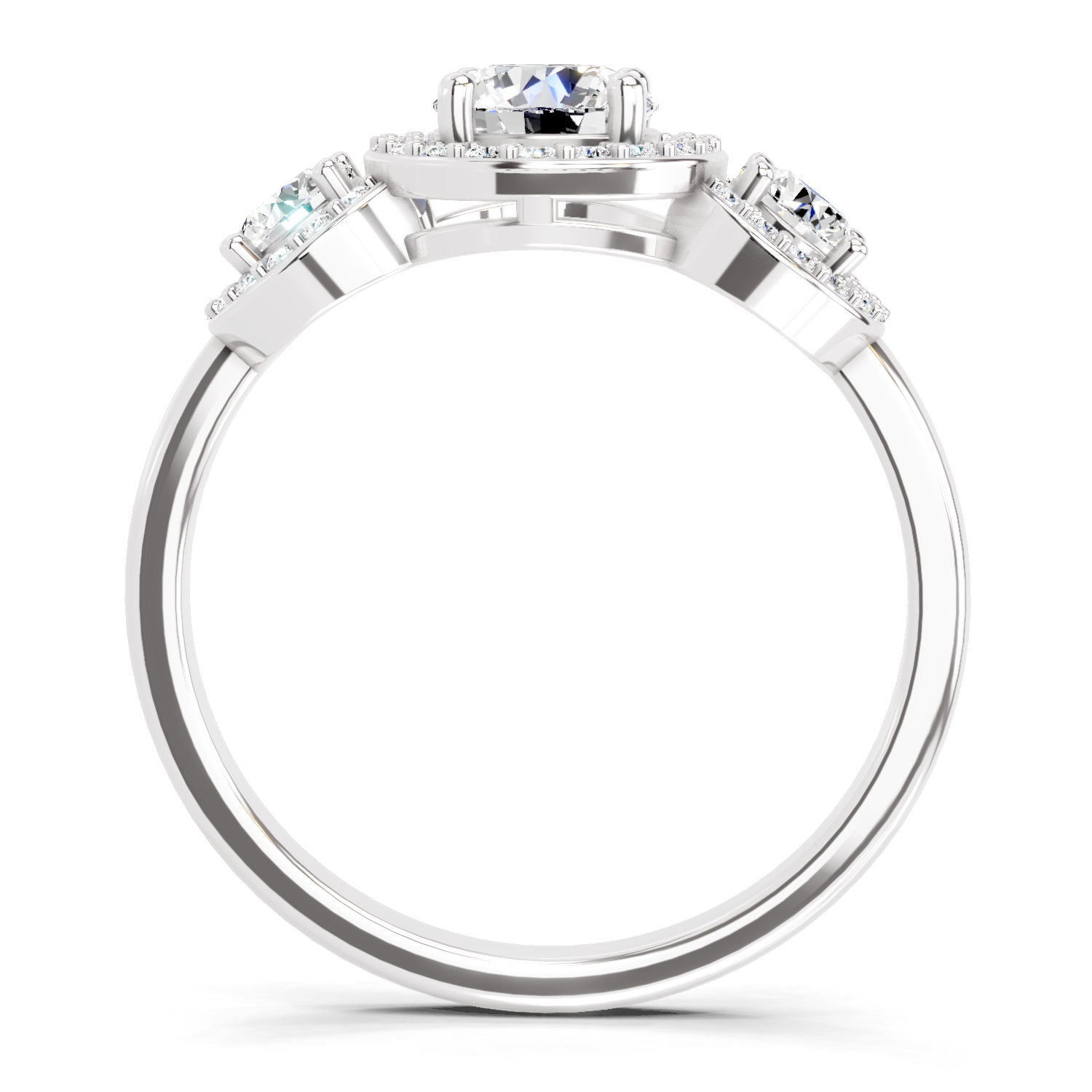 1.01 Ct Round 3 Stone Halo Diamond Ring | 14K White Gold