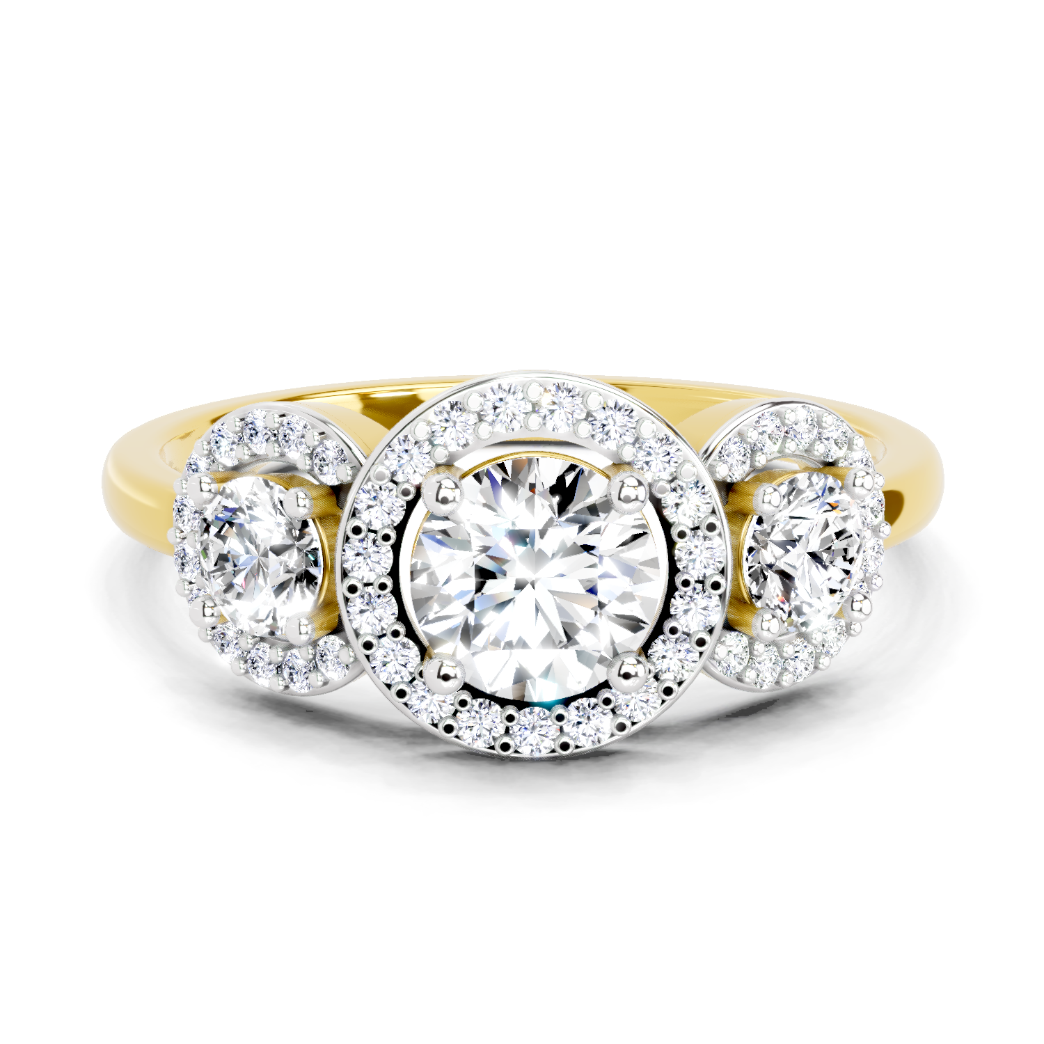 1.01 Ct Round 3 Stone Halo Diamond Ring | 14K Yellow Gold
