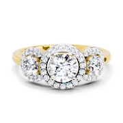 1.01 Ct Round 3 Stone Halo Diamond Ring | 14K Yellow Gold