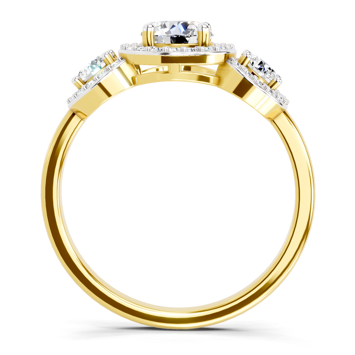 1.01 Ct Round 3 Stone Halo Diamond Ring | 14K Yellow Gold
