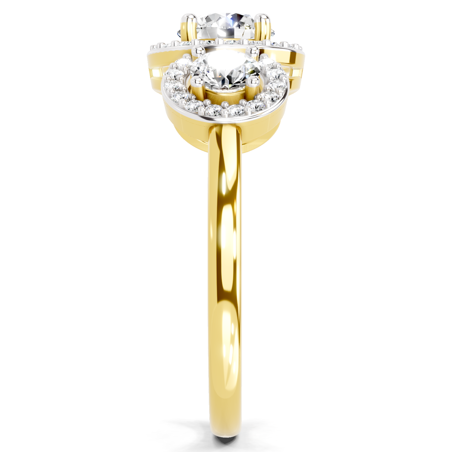 1.01 Ct Round 3 Stone Halo Diamond Ring | 14K Yellow Gold