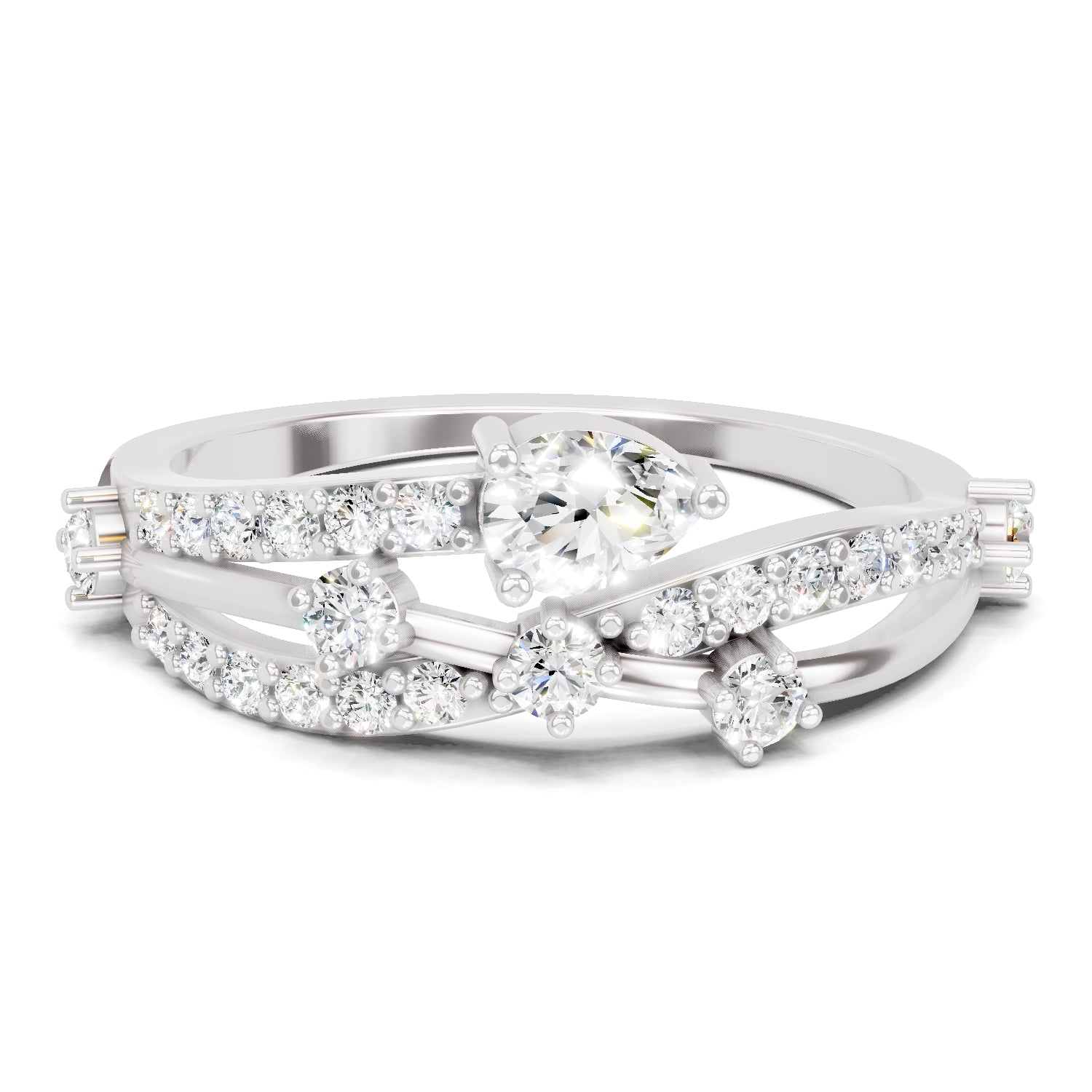 0.58 Carat Pear & Round Shape Diamond Multi-Row Bypass Ring | 14K White Gold