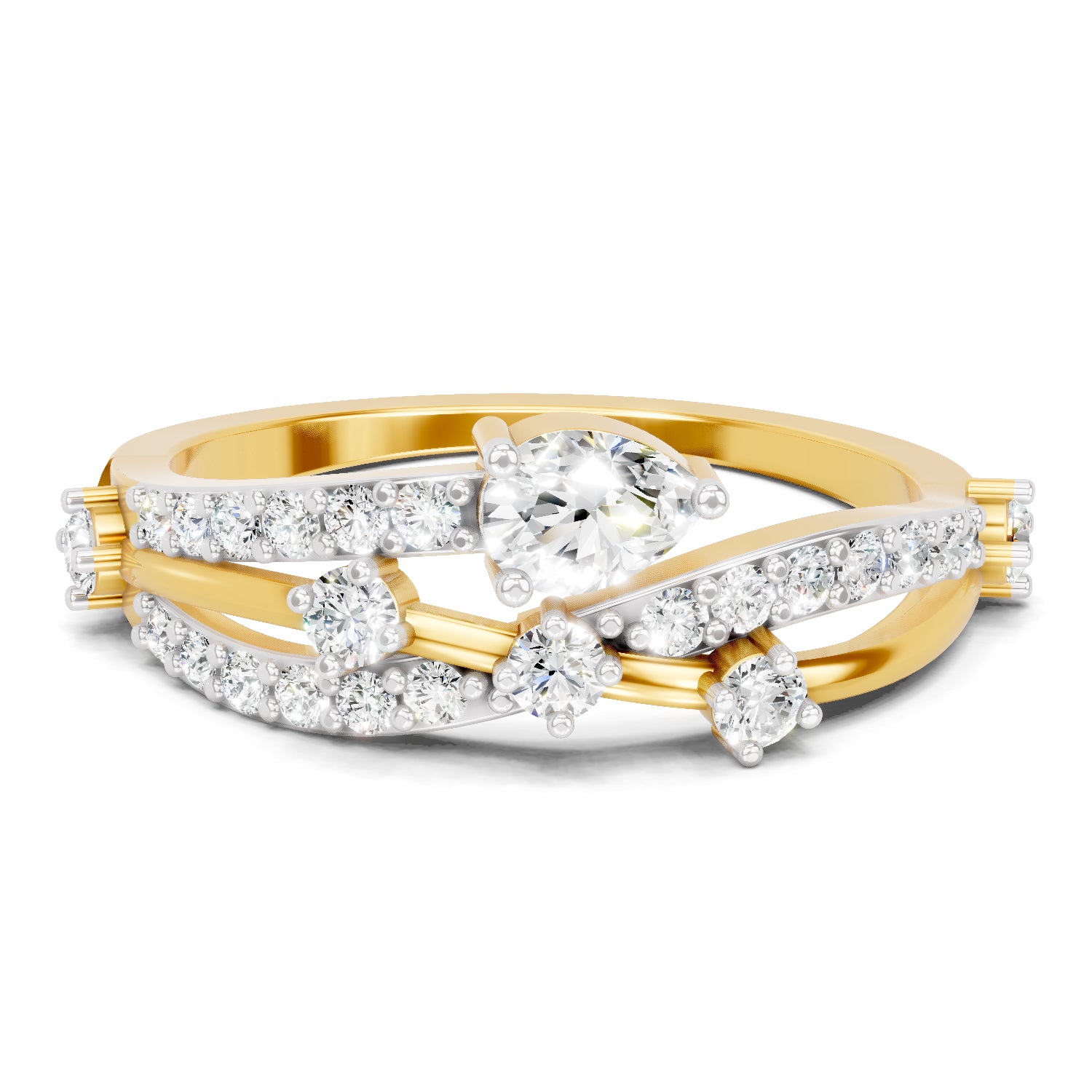 0.58 Carat Pear & Round Shape Diamond Multi-Row Bypass Ring | 14K Yellow Gold