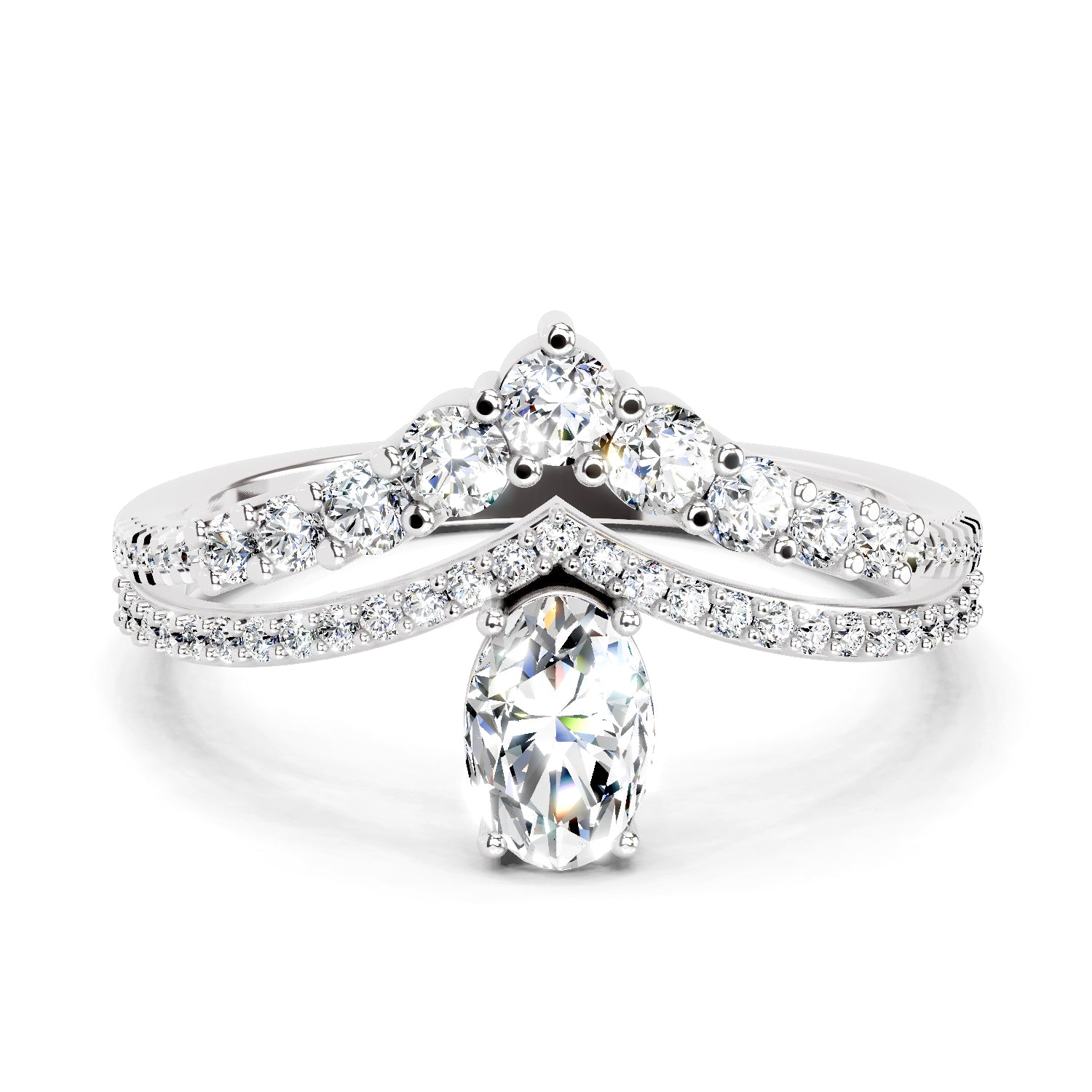 0.82 Ct Oval Diamond Crown Ring Set | 14K White Gold