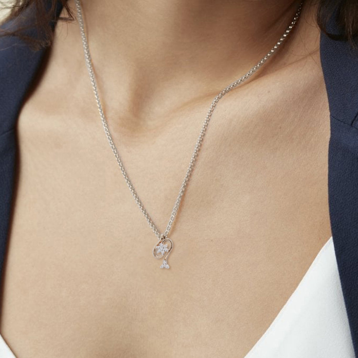 0.11 Ct Floral Diamonds Pendant Necklace | 14Kt White Gold