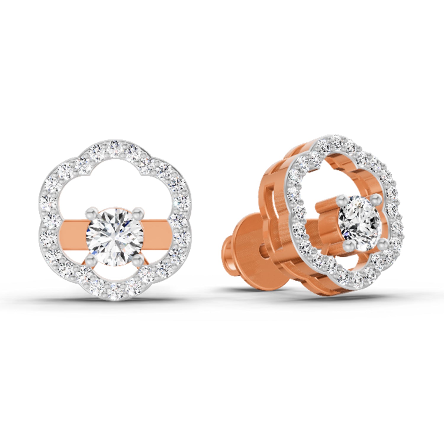 0.94 Ct Round Shape Halo Diamond Stud Earrings | 14K Rose Gold