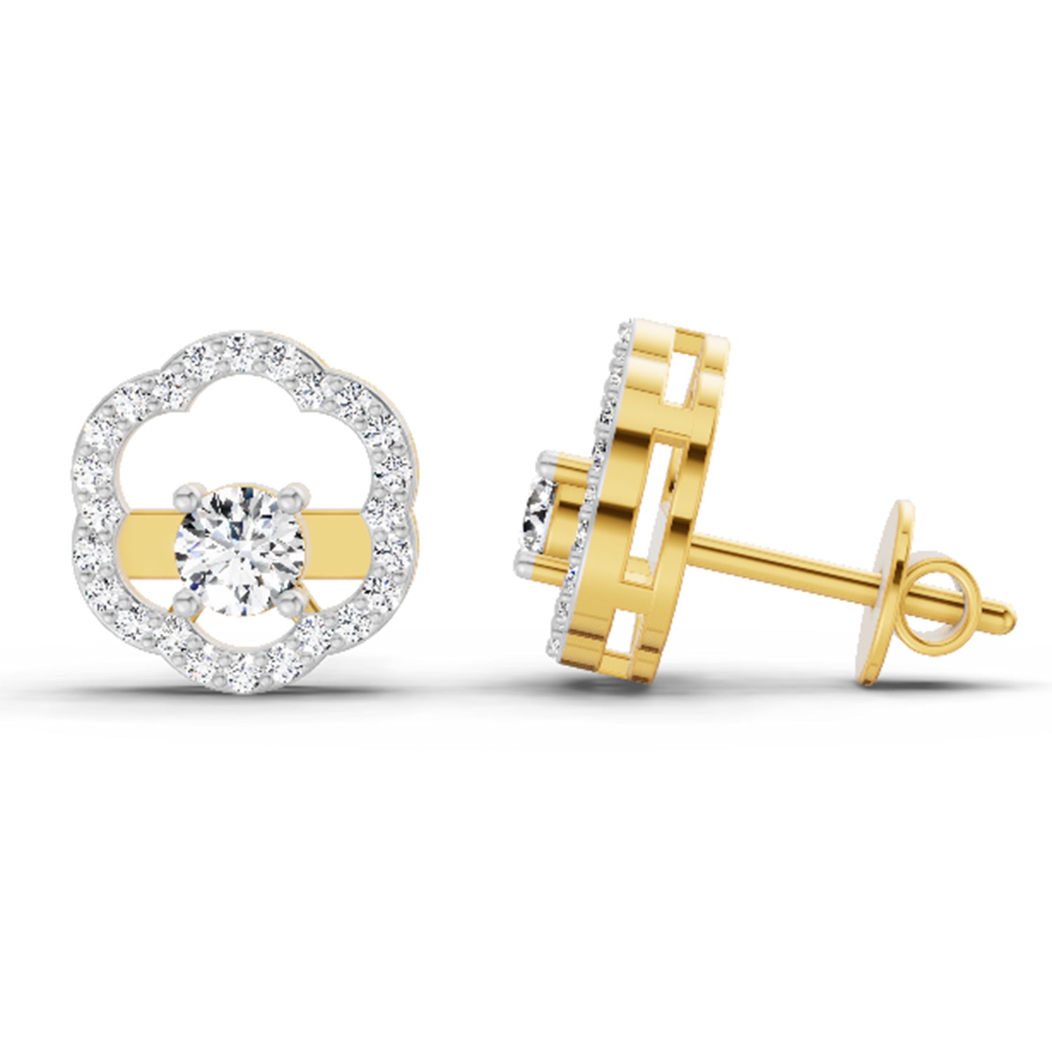 0.94 Ct Round Shape Halo Diamond Stud Earrings | 14K Yellow Gold