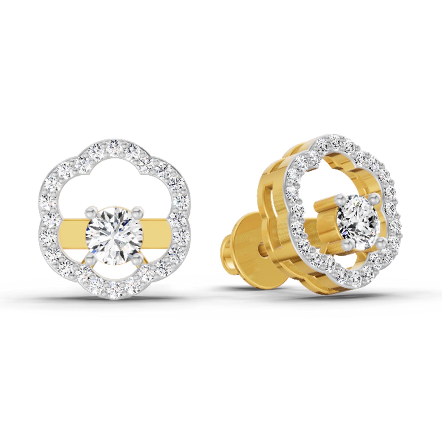 0.94 Ct Round Shape Halo Diamond Stud Earrings | 14K Yellow Gold
