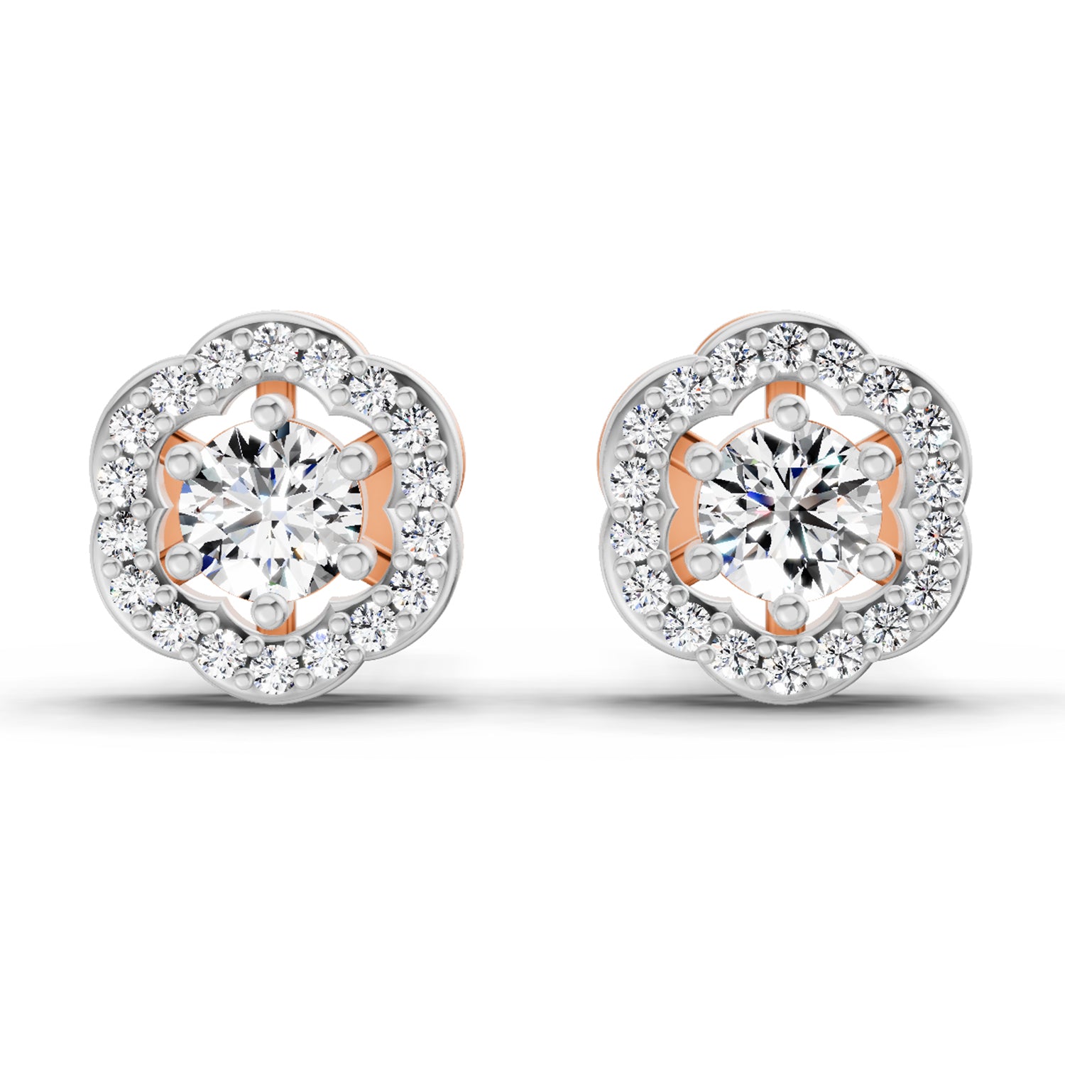 0.86 Ct Round Shape Halo Diamond Stud Earrings | 14K Rose Gold