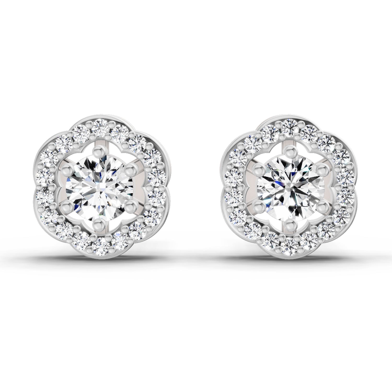 0.86 Ct Round Shape Halo Diamond Stud Earrings | 14K White Gold