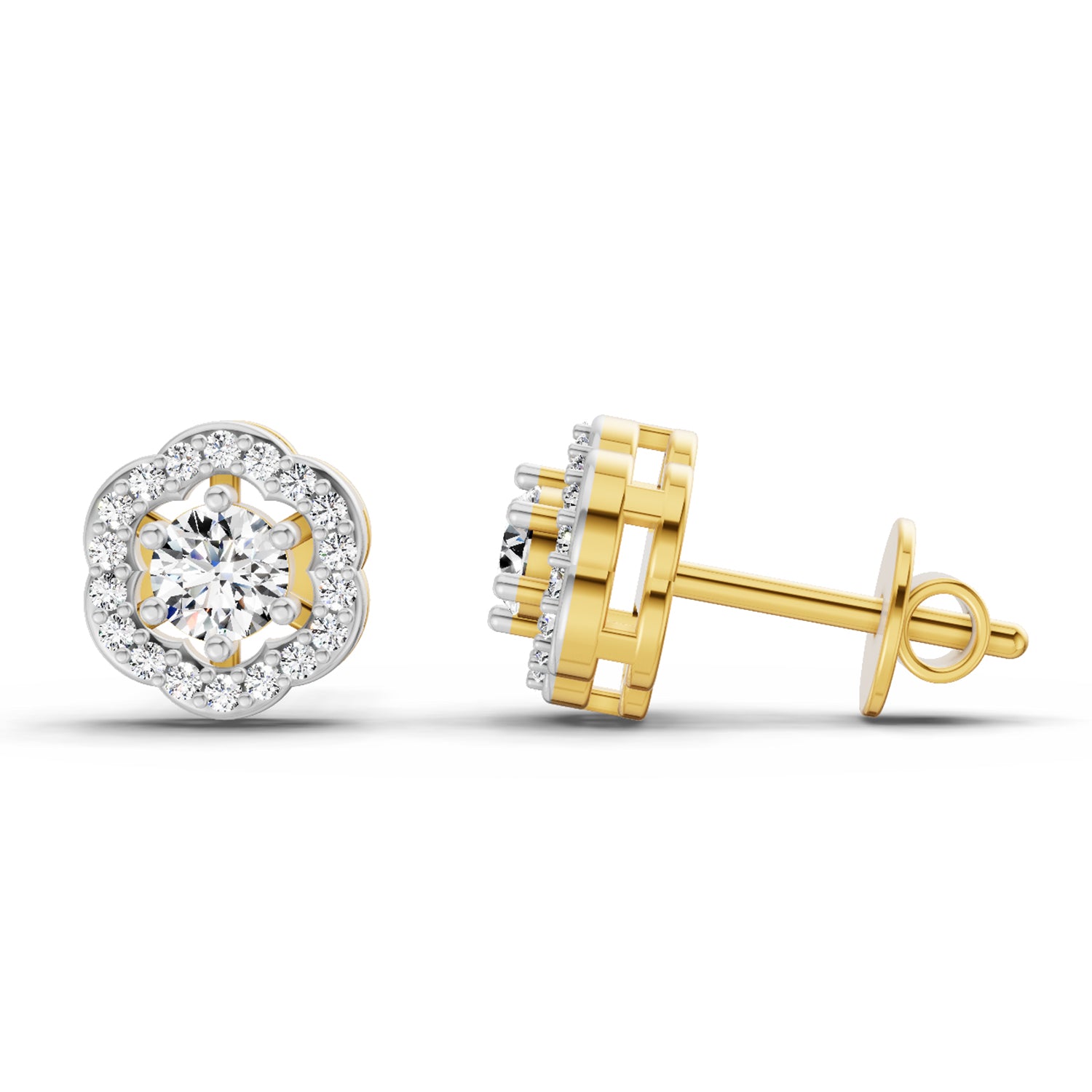 0.86 Ct Round Shape Halo Diamond Stud Earrings | 14K Yellow Gold