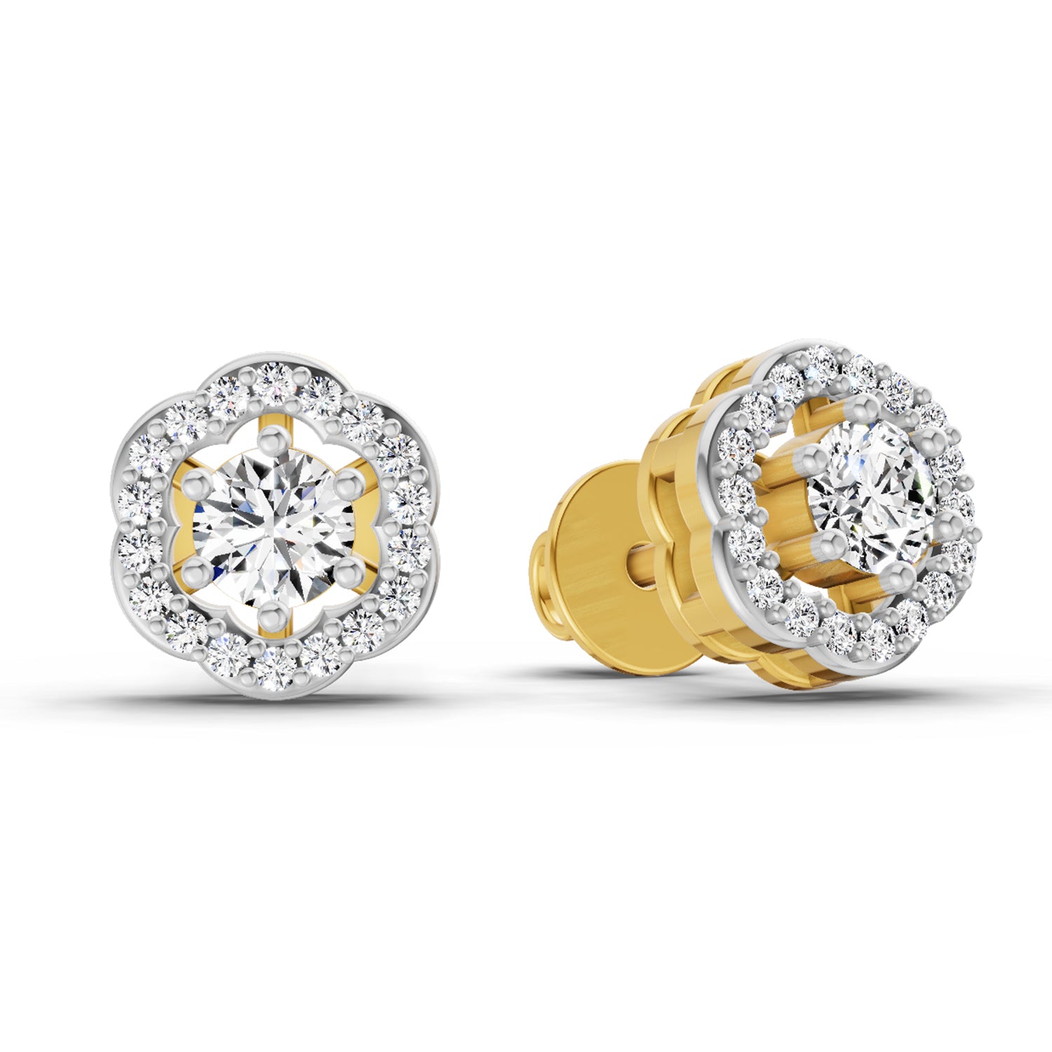 0.86 Ct Round Shape Halo Diamond Stud Earrings | 14K Yellow Gold