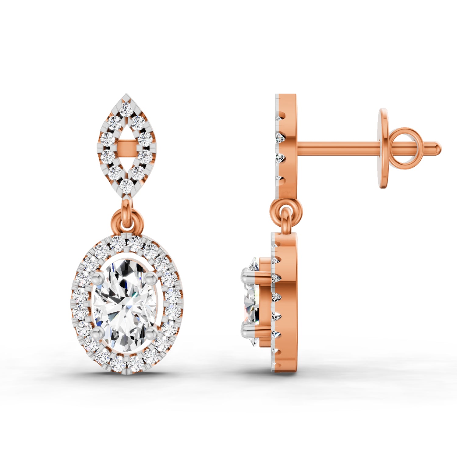 1.42 Ct Oval Shape Dangle Diamond Earrings | 14K Rose Gold