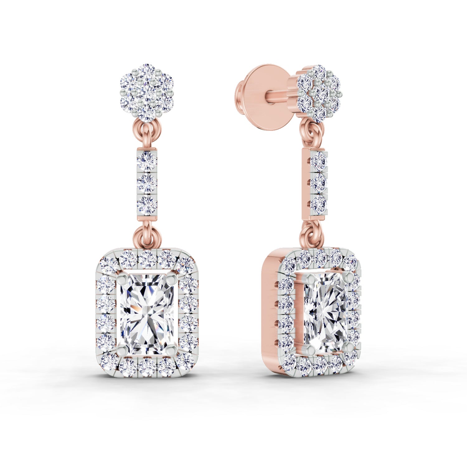 1.81 Ct Emerald Shape Dangle Diamond Earrings | 14K Rose Gold