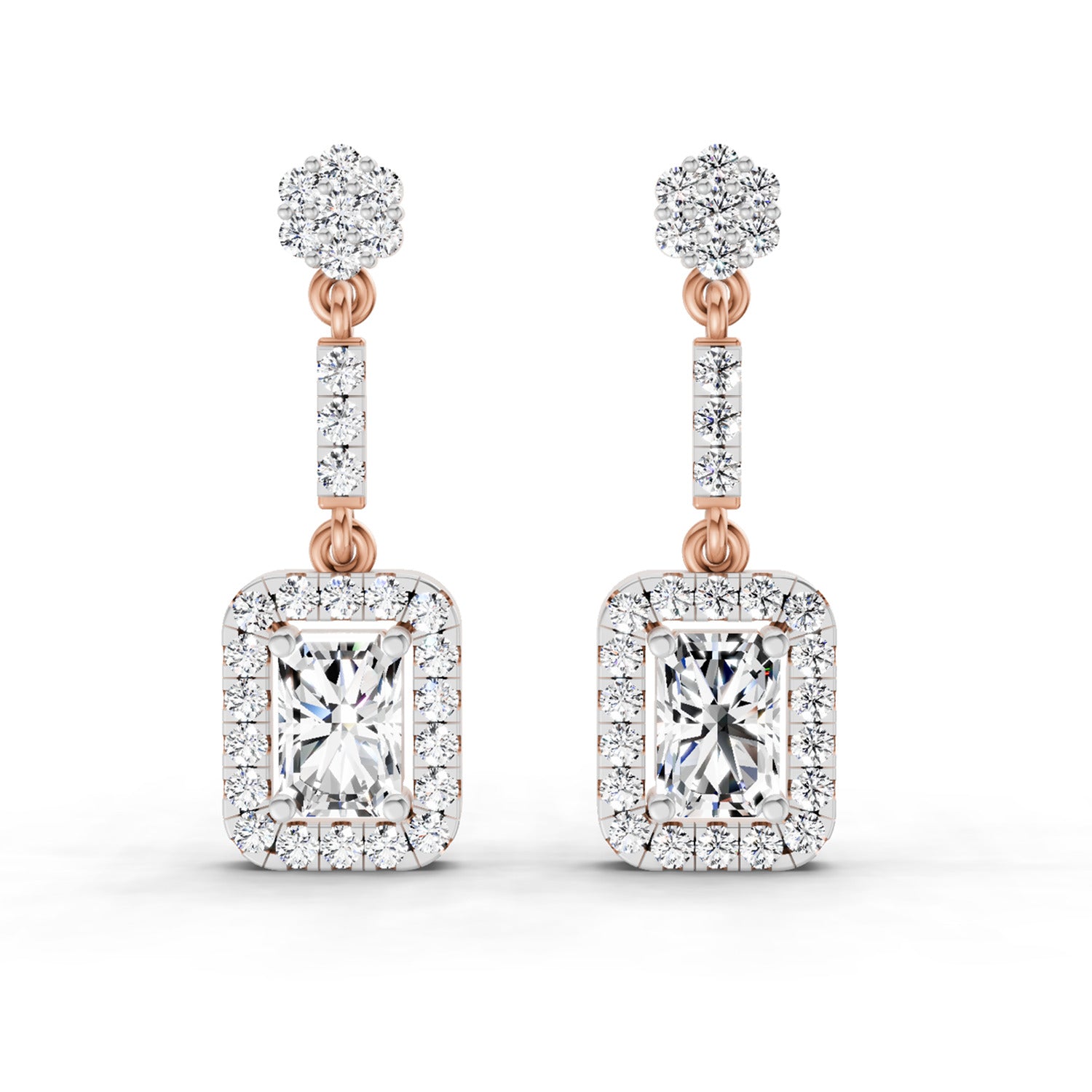 1.81 Ct Emerald Shape Dangle Diamond Earrings | 14K Rose Gold