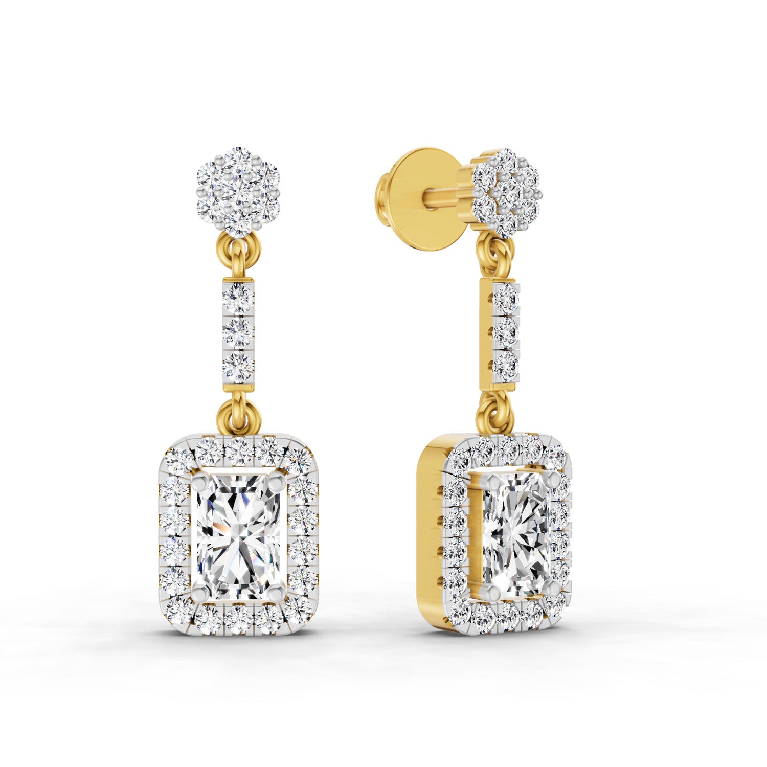1.81 Ct Emerald Shape Dangle Diamond Earrings | 14K Yellow Gold