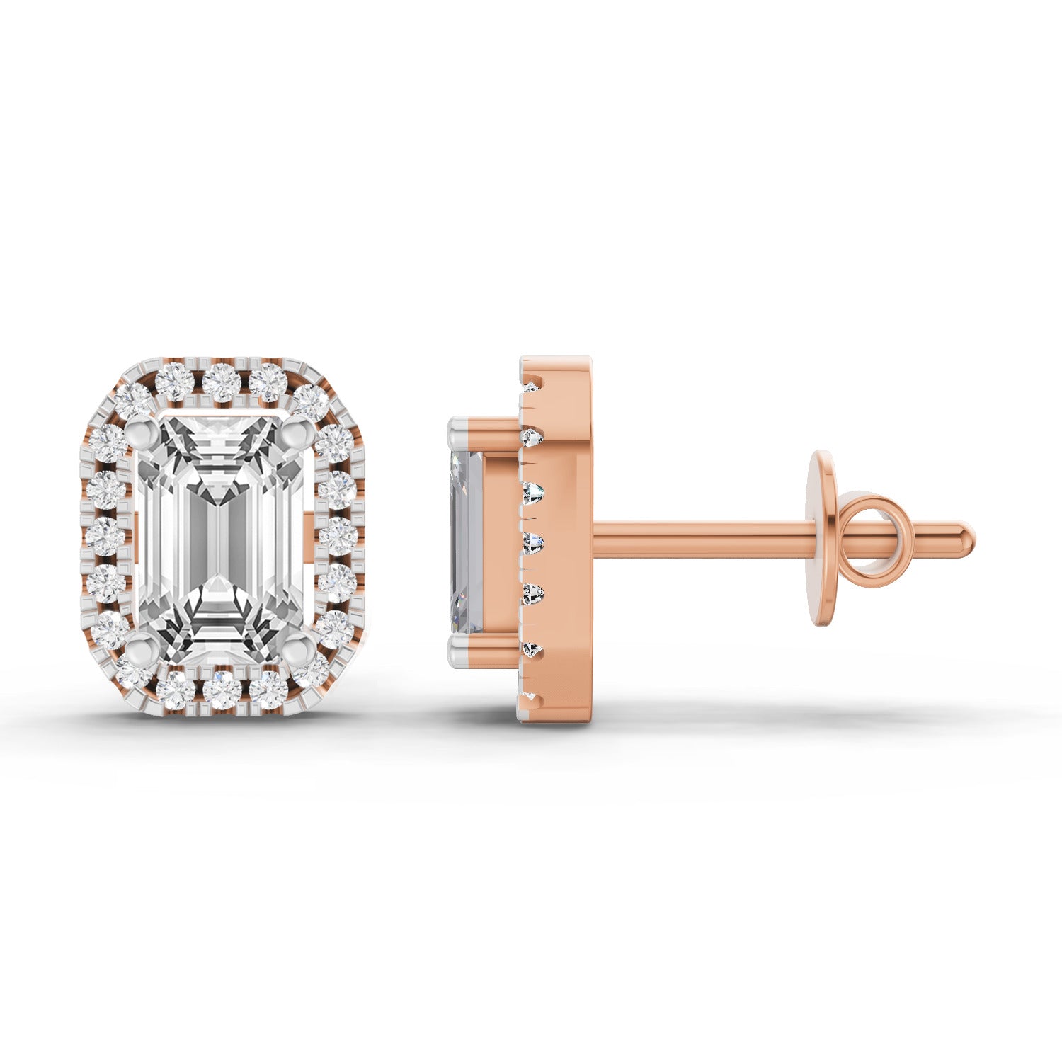 1.14 Ct Emerald Shape Halo Diamond Earrings | 14K Rose Gold
