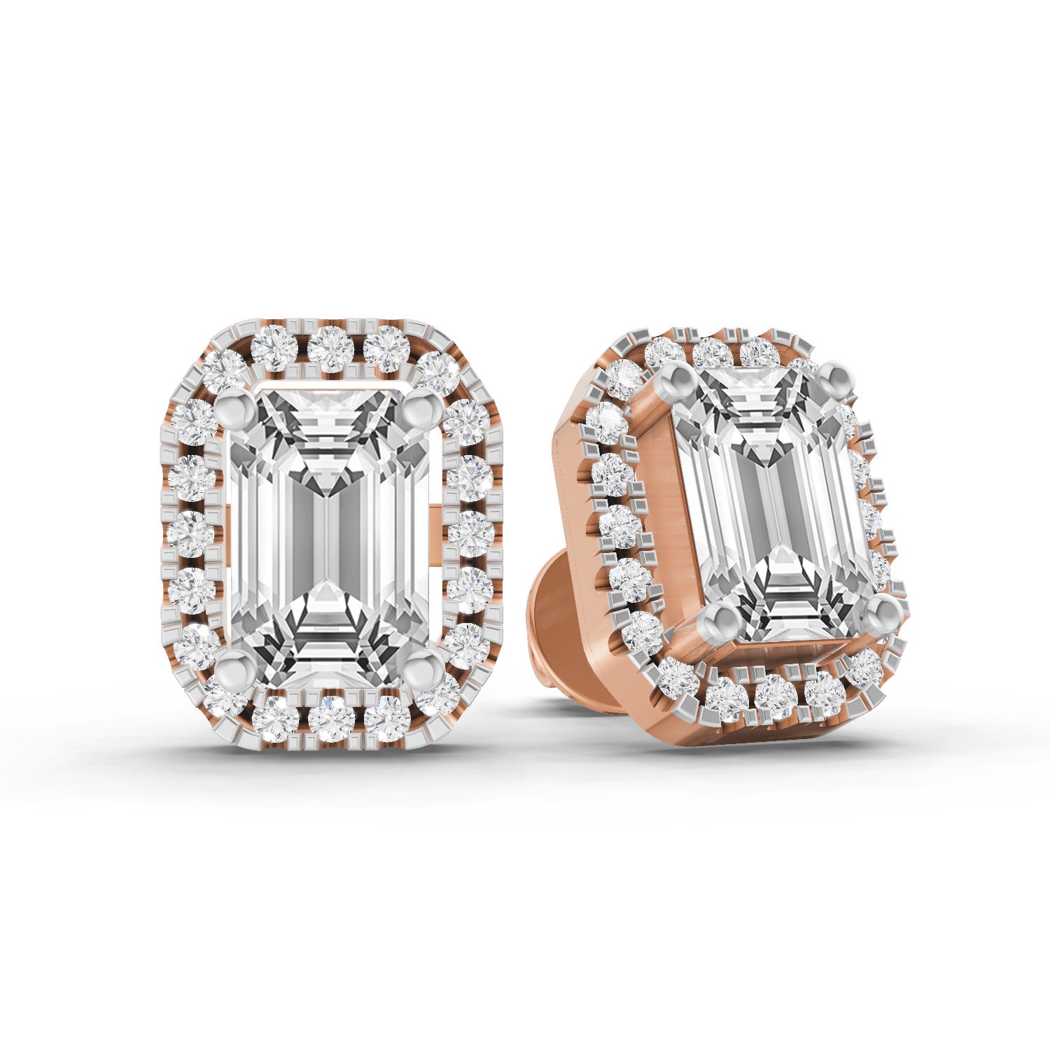 1.14 Ct Emerald Shape Halo Diamond Earrings | 14K Rose Gold