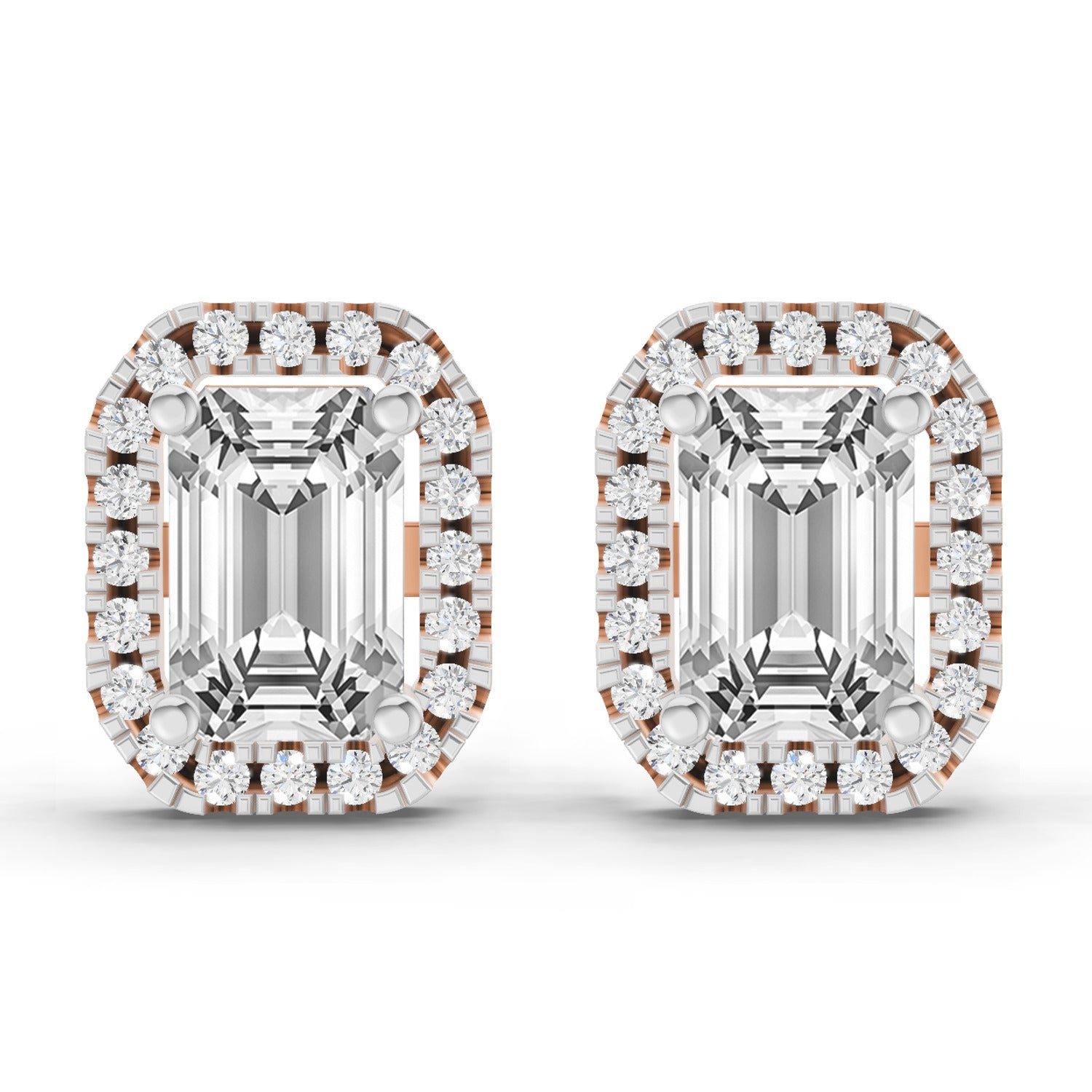 1.14 Ct Emerald Shape Halo Diamond Earrings | 14K Rose Gold