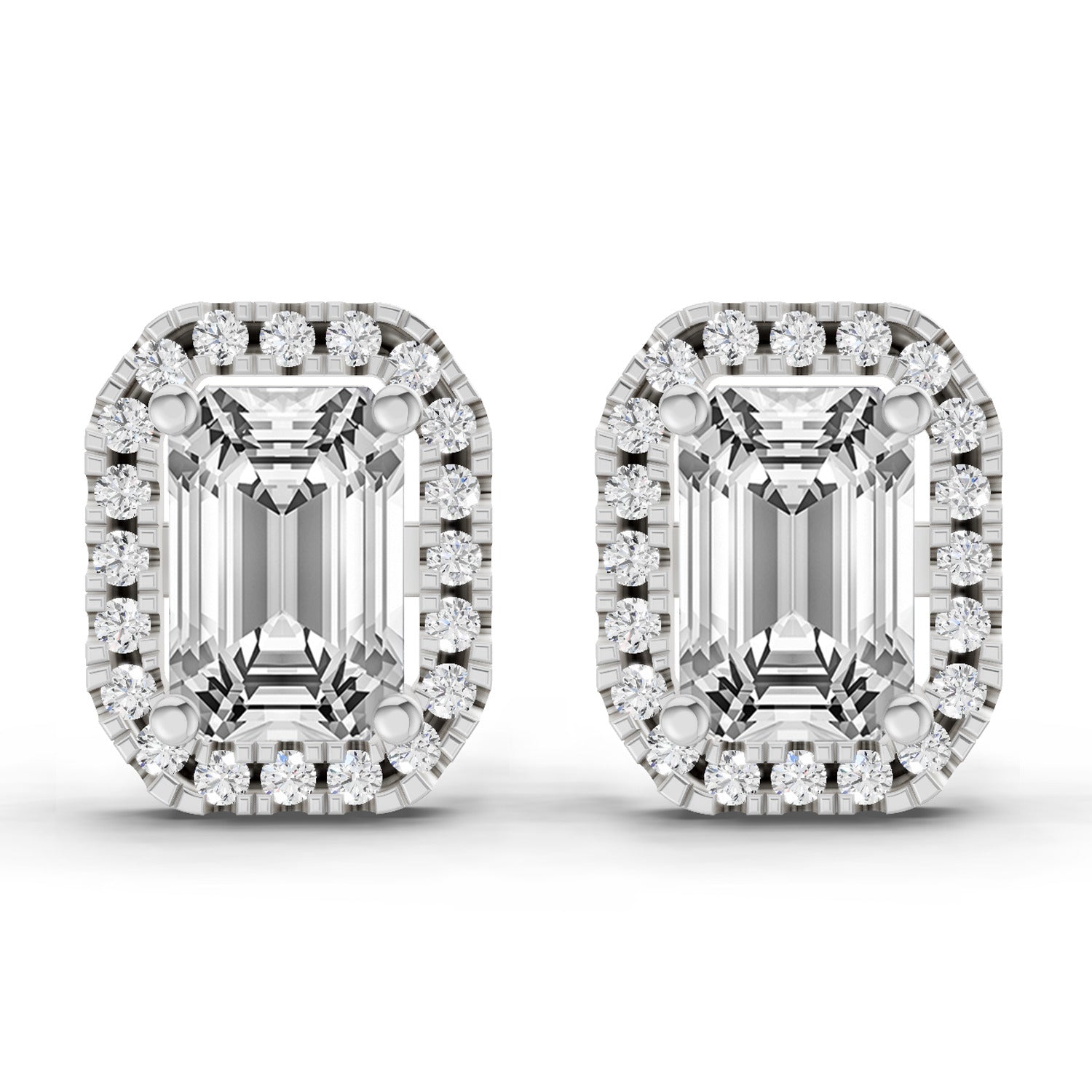 1.14 Ct Emerald Shape Halo Diamond Earrings | 14K White Gold