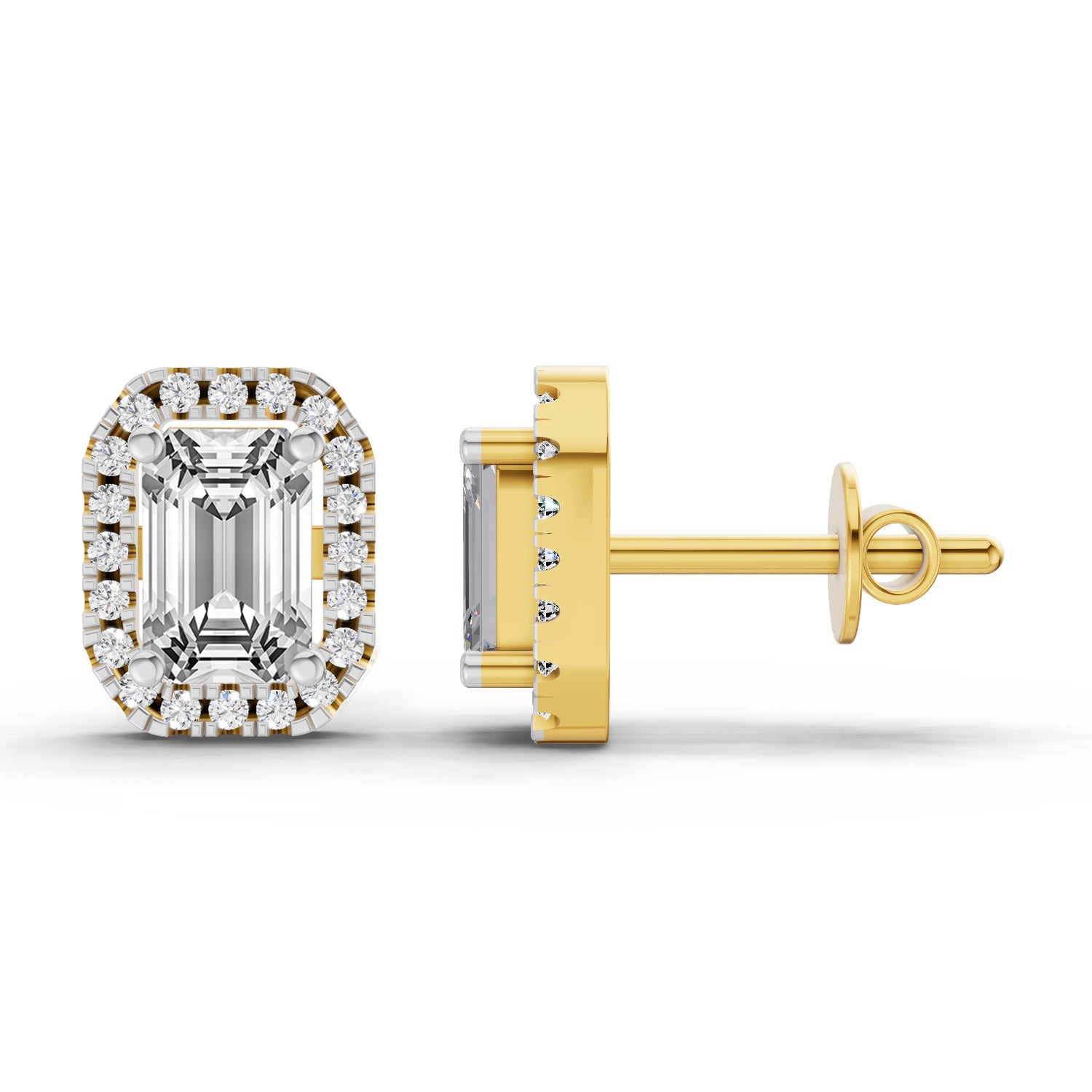 1.14 Ct Emerald Shape Halo Diamond Earrings | 14K Yellow Gold