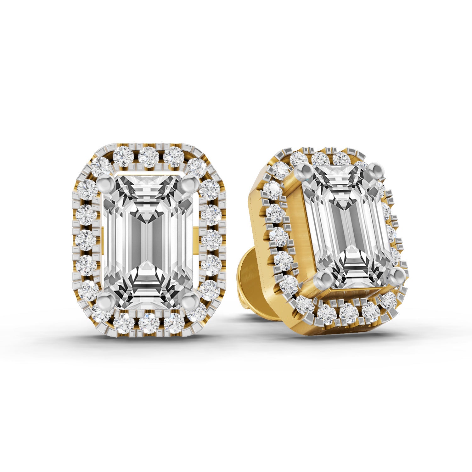 1.14 Ct Emerald Shape Halo Diamond Earrings | 14K Yellow Gold
