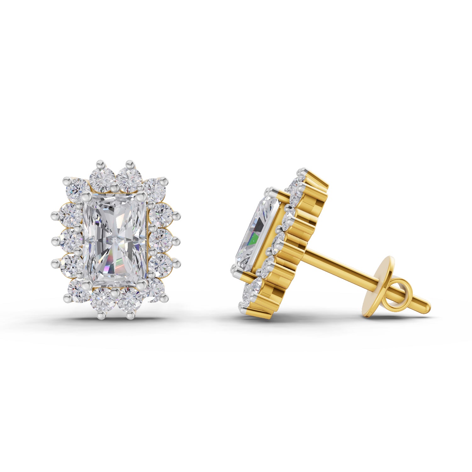 1.86 Ct Emerald Shape Halo Diamond Stud Earrings | 14K Rose Gold