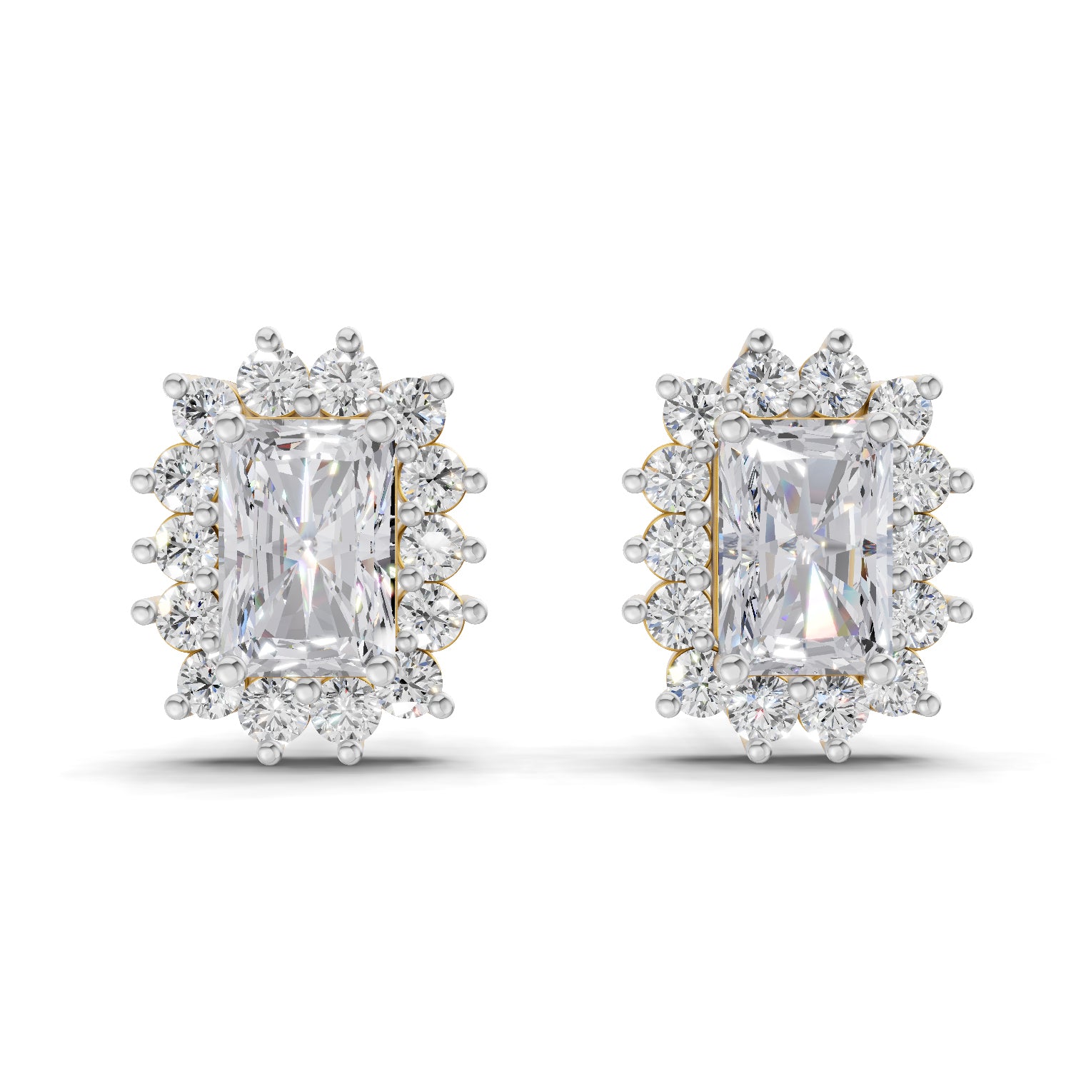 1.86 Ct Emerald Shape Halo Diamond Stud Earrings | 14K Yellow Gold