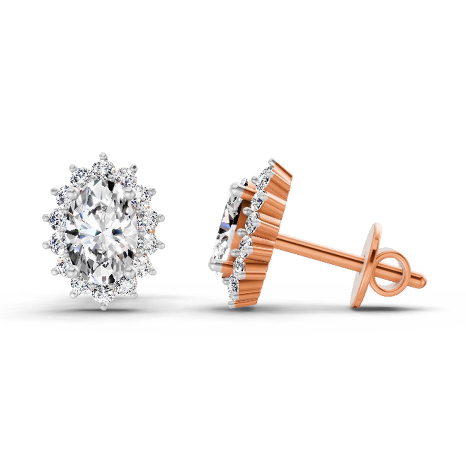 1.08 Ct Oval Shape Halo Diamond Stud Earrings | 14K Rose Gold