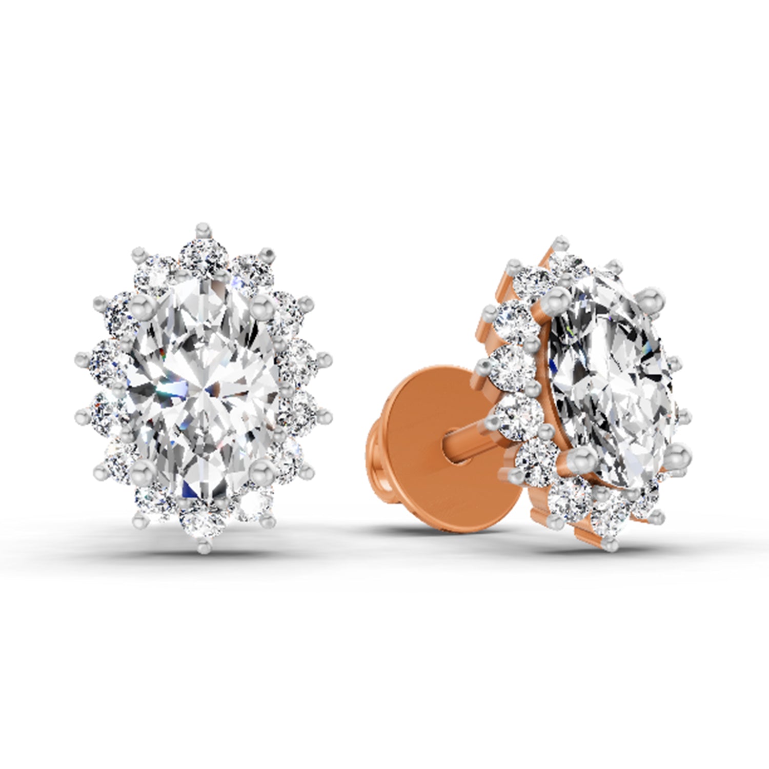 1.08 Ct Oval Shape Halo Diamond Stud Earrings | 14K Rose Gold