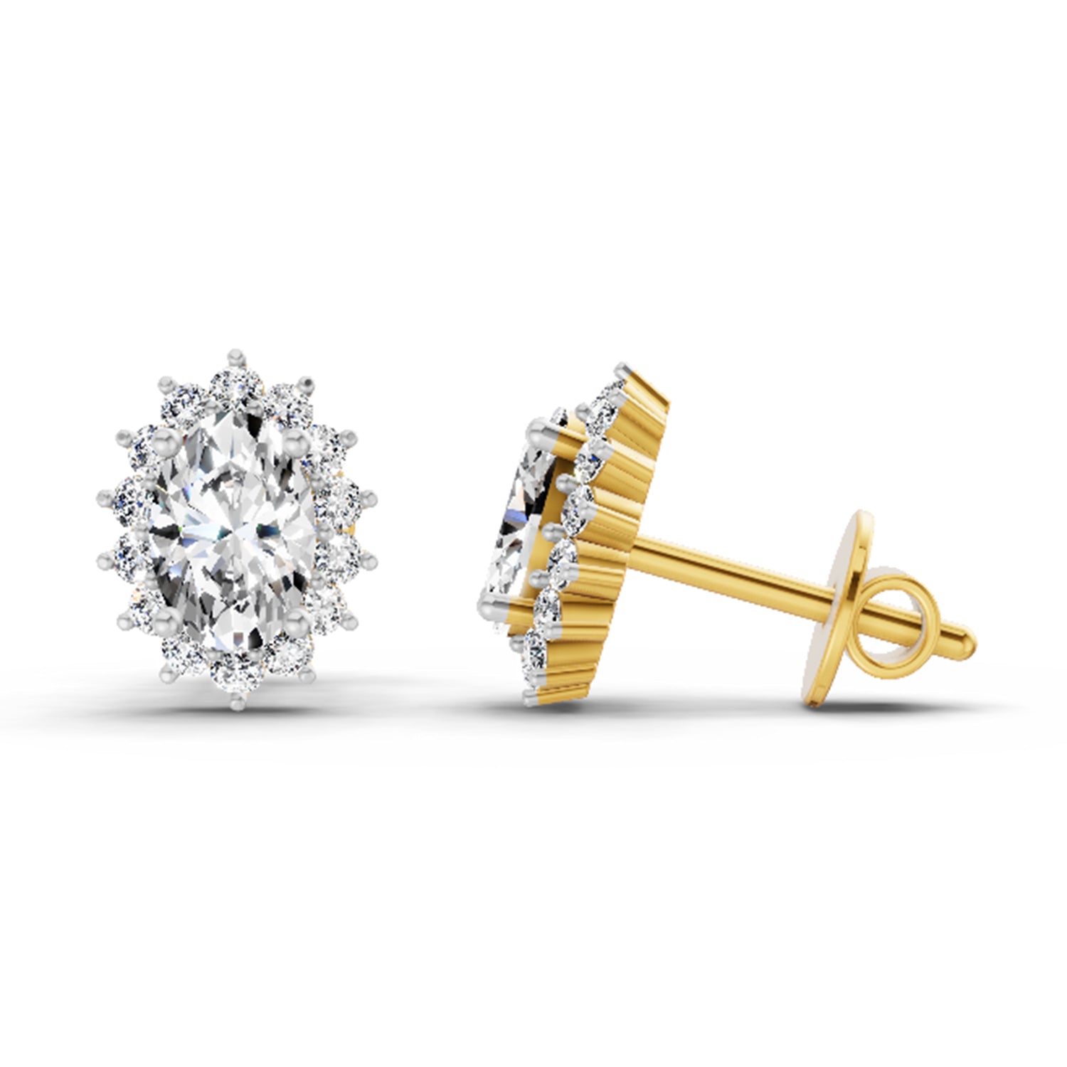 1.08 Ct Oval Shape Halo Diamond Stud Earrings | 14K Yellow Gold