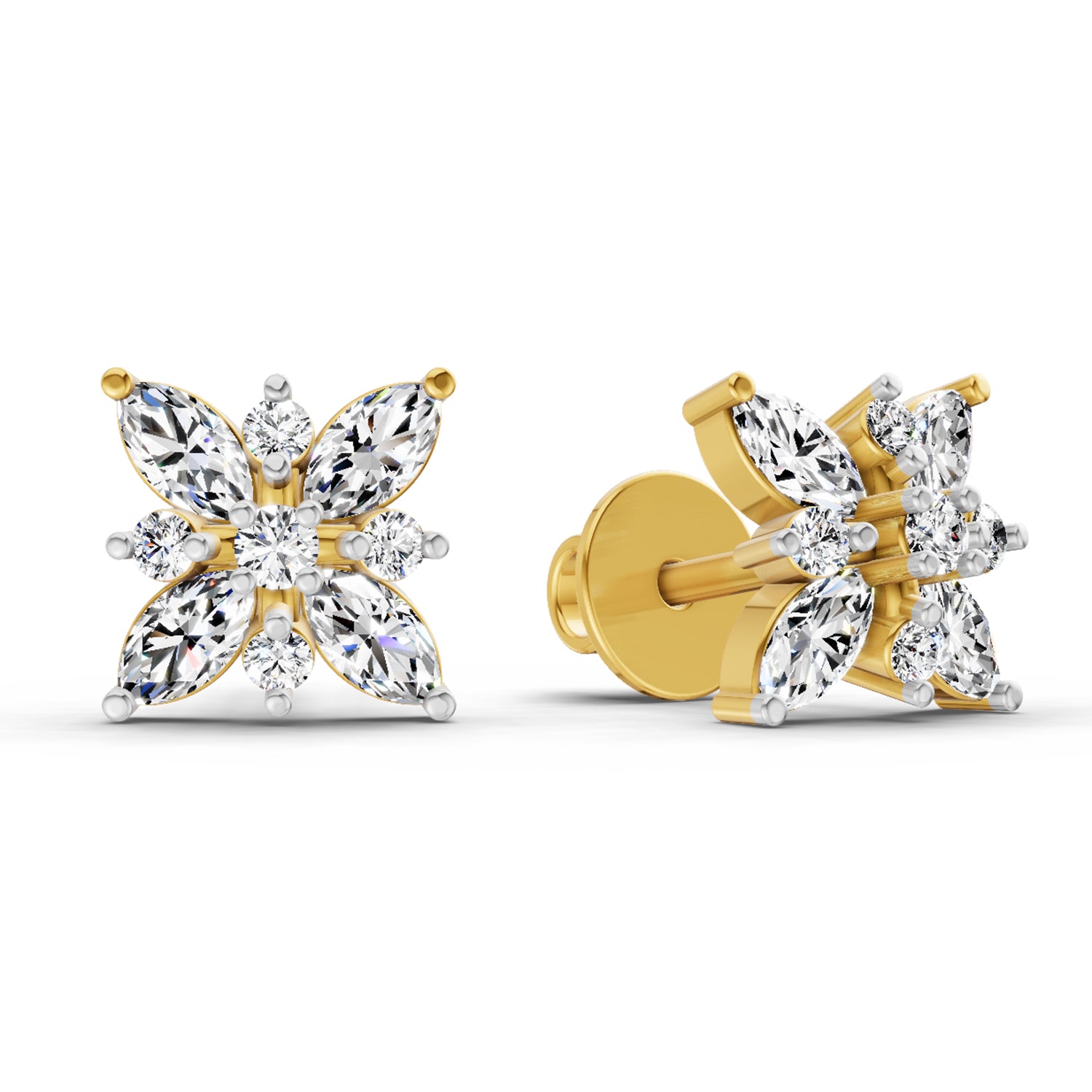 0.66 Ct Marquise Shape Cluster Diamond Earrings | 14K Yellow Gold