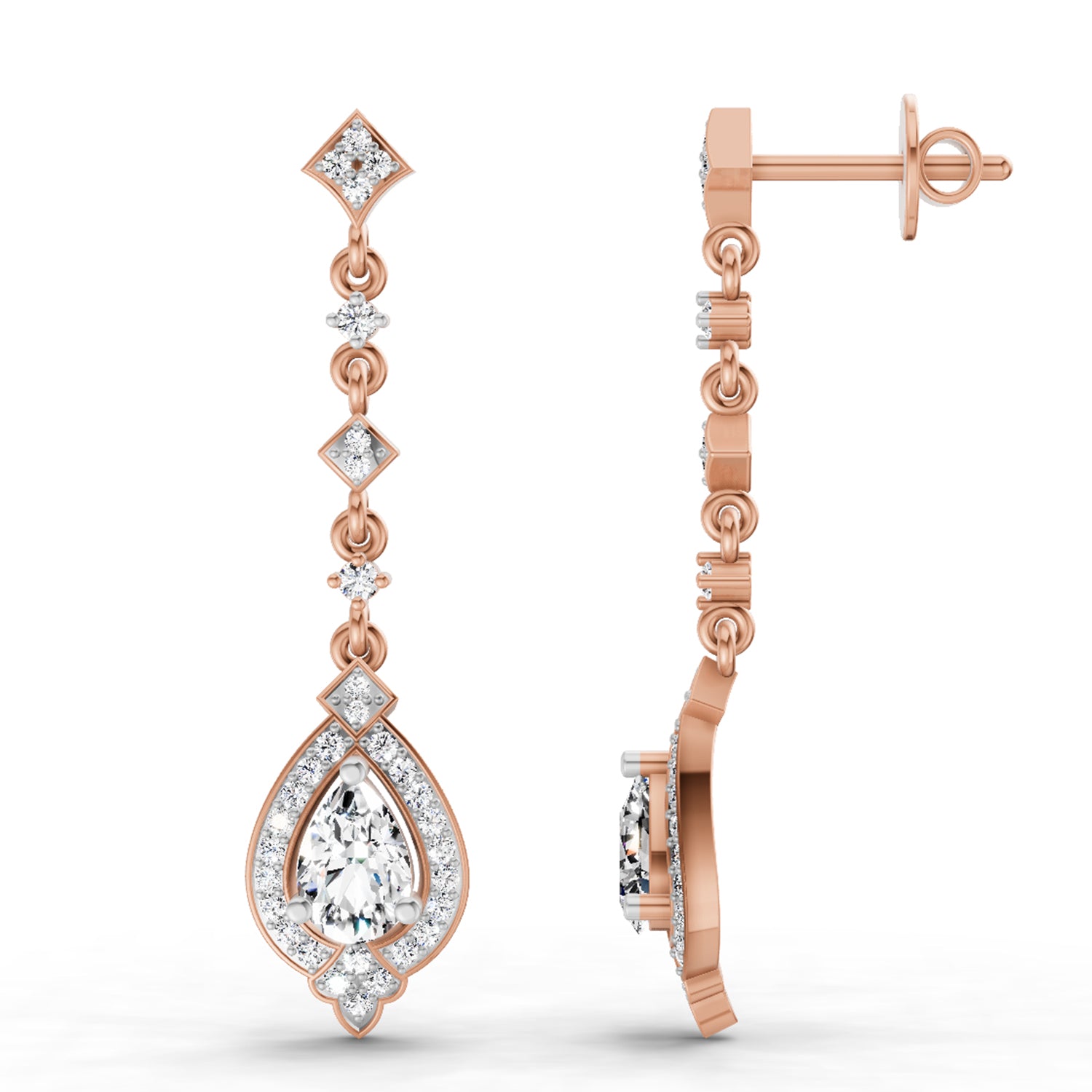 1.39 Ct Pear Shape Dangle Diamond Earrings | 14K Rose Gold