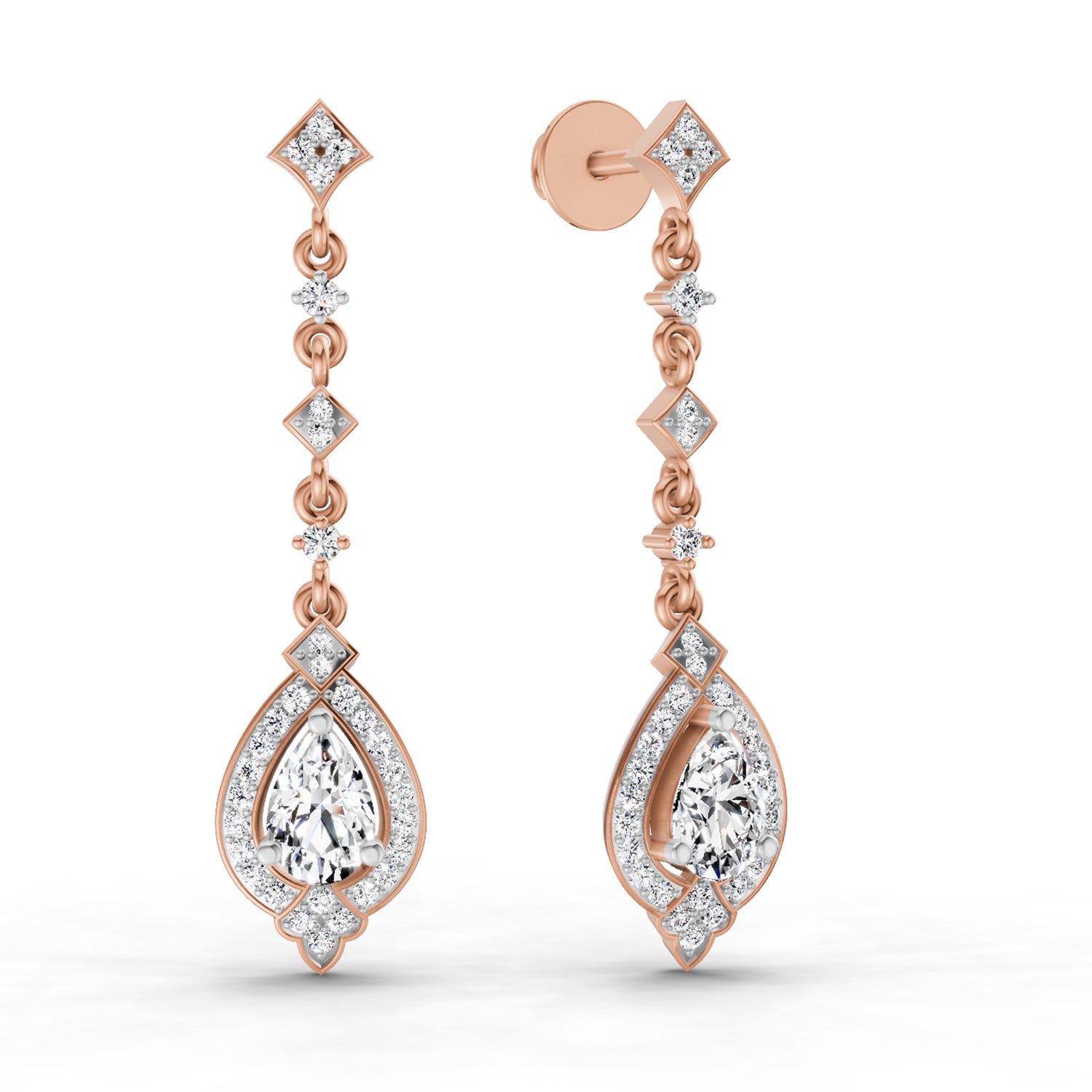 1.39 Ct Pear Shape Dangle Diamond Earrings | 14K Rose Gold