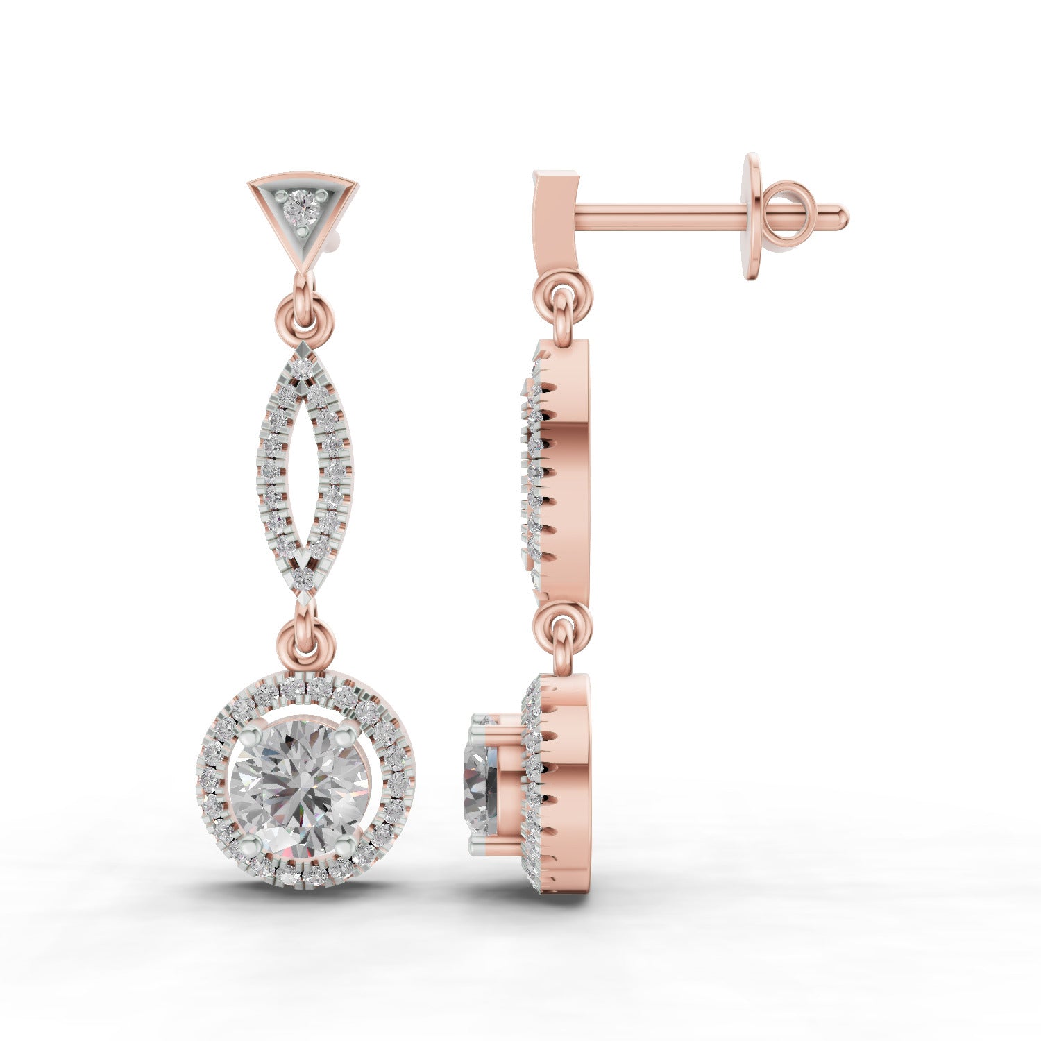 0.89 Ct Round Shape Dangle Diamond Earrings | 14K Rose Gold