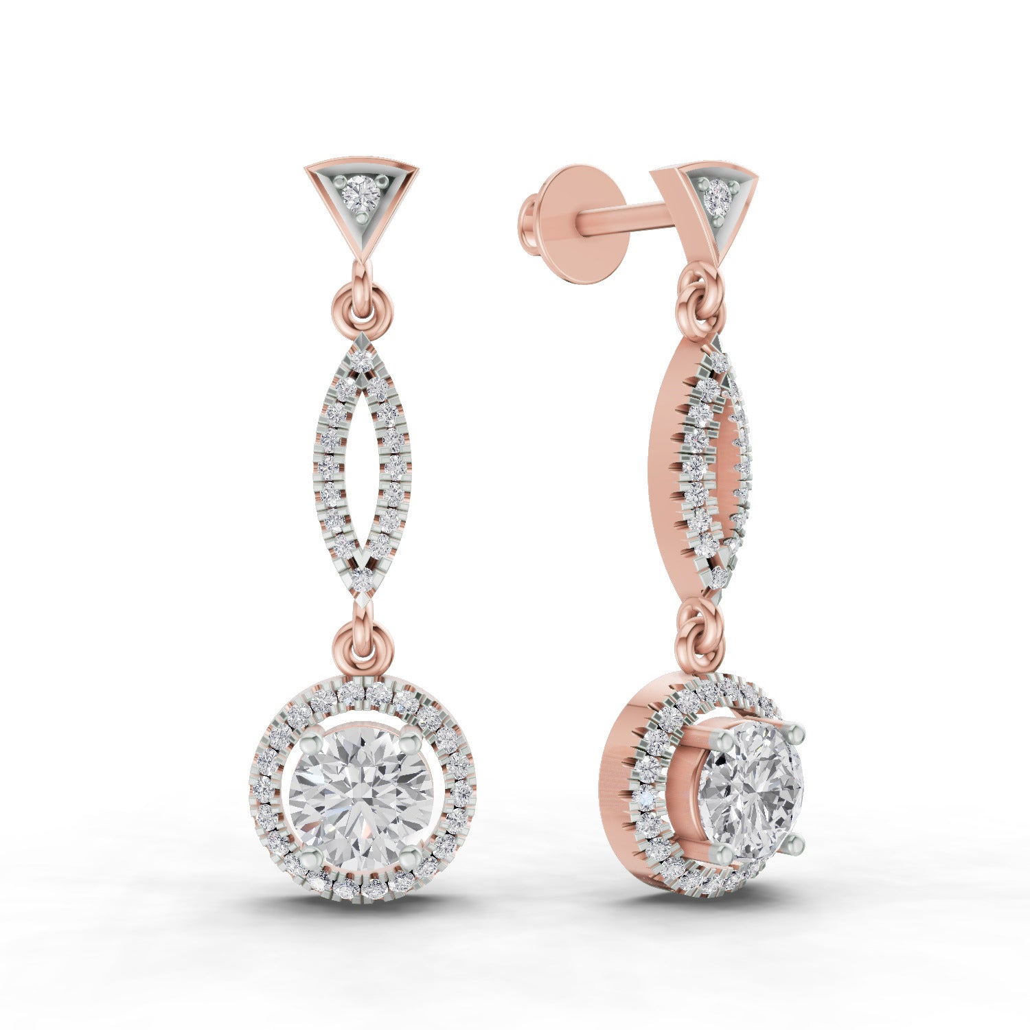 0.89 Ct Round Shape Dangle Diamond Earrings | 14K Rose Gold