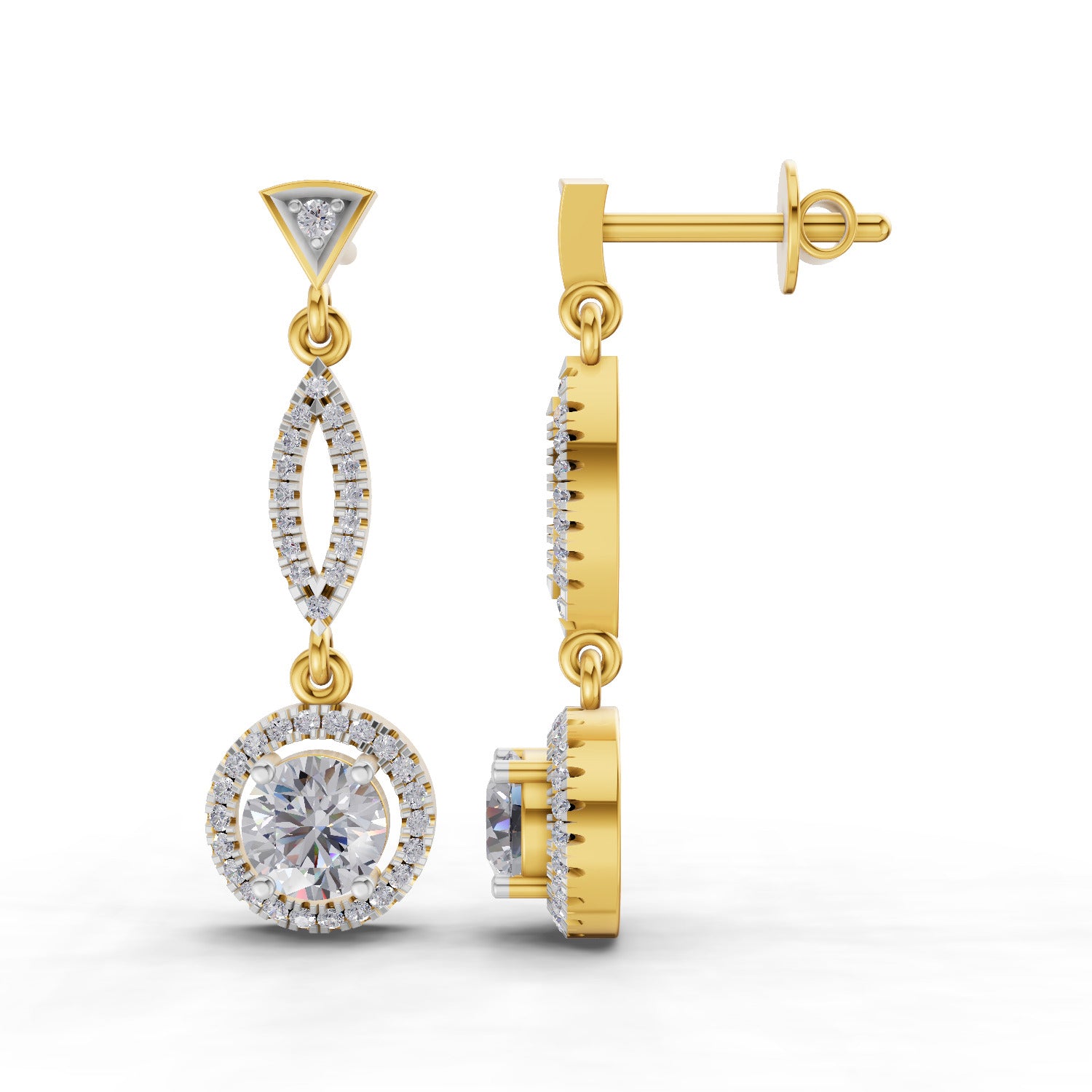 0.89 Ct Round Shape Dangle Diamond Earrings | 14K Yellow Gold