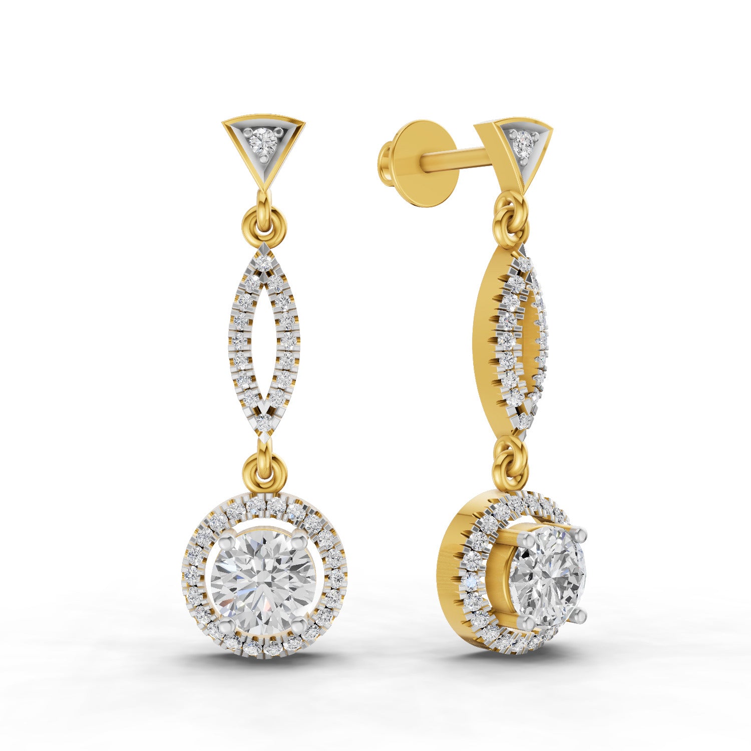 0.89 Ct Round Shape Dangle Diamond Earrings | 14K Yellow Gold