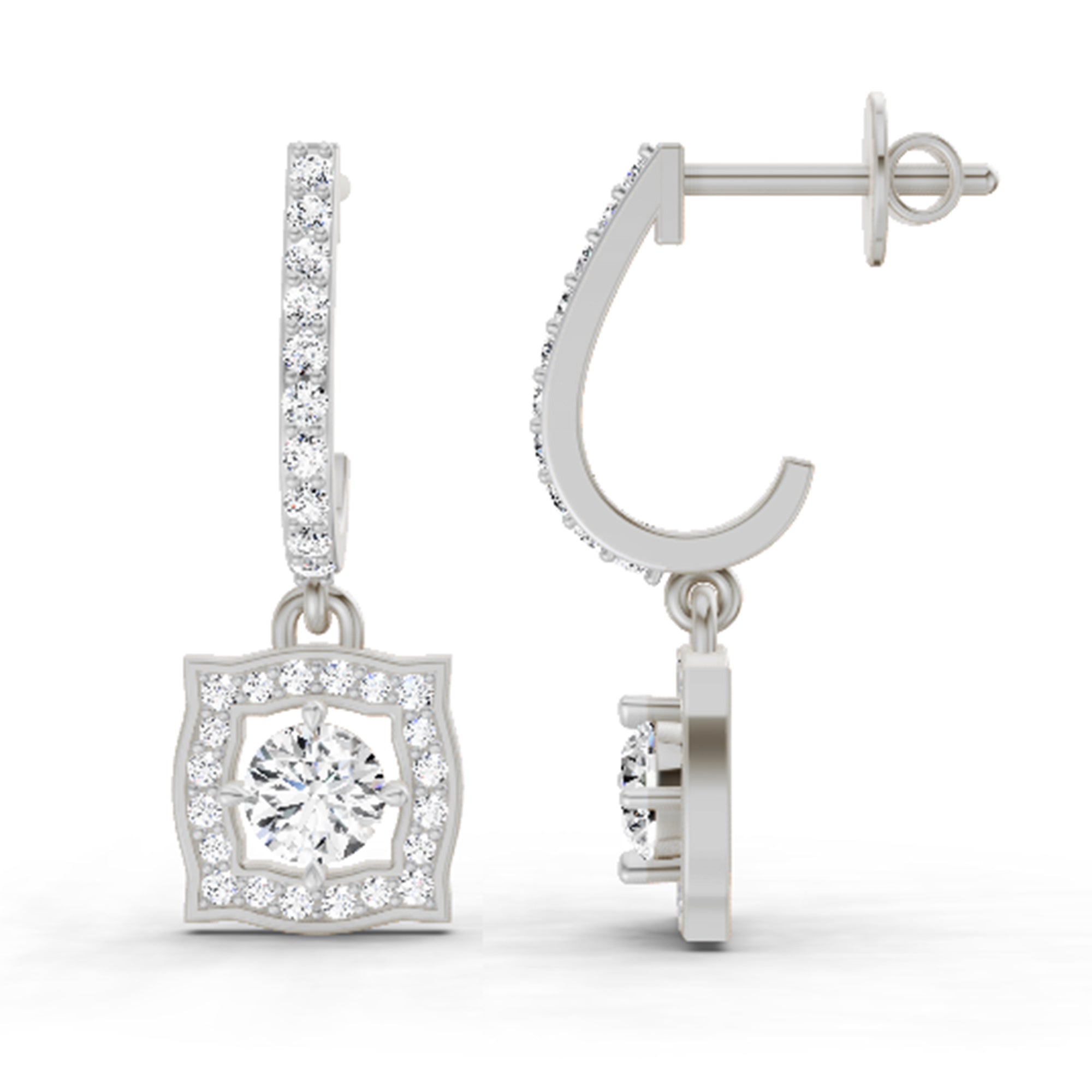 0.99 Ct Round Halo Drop Earrings |  14K White Gold