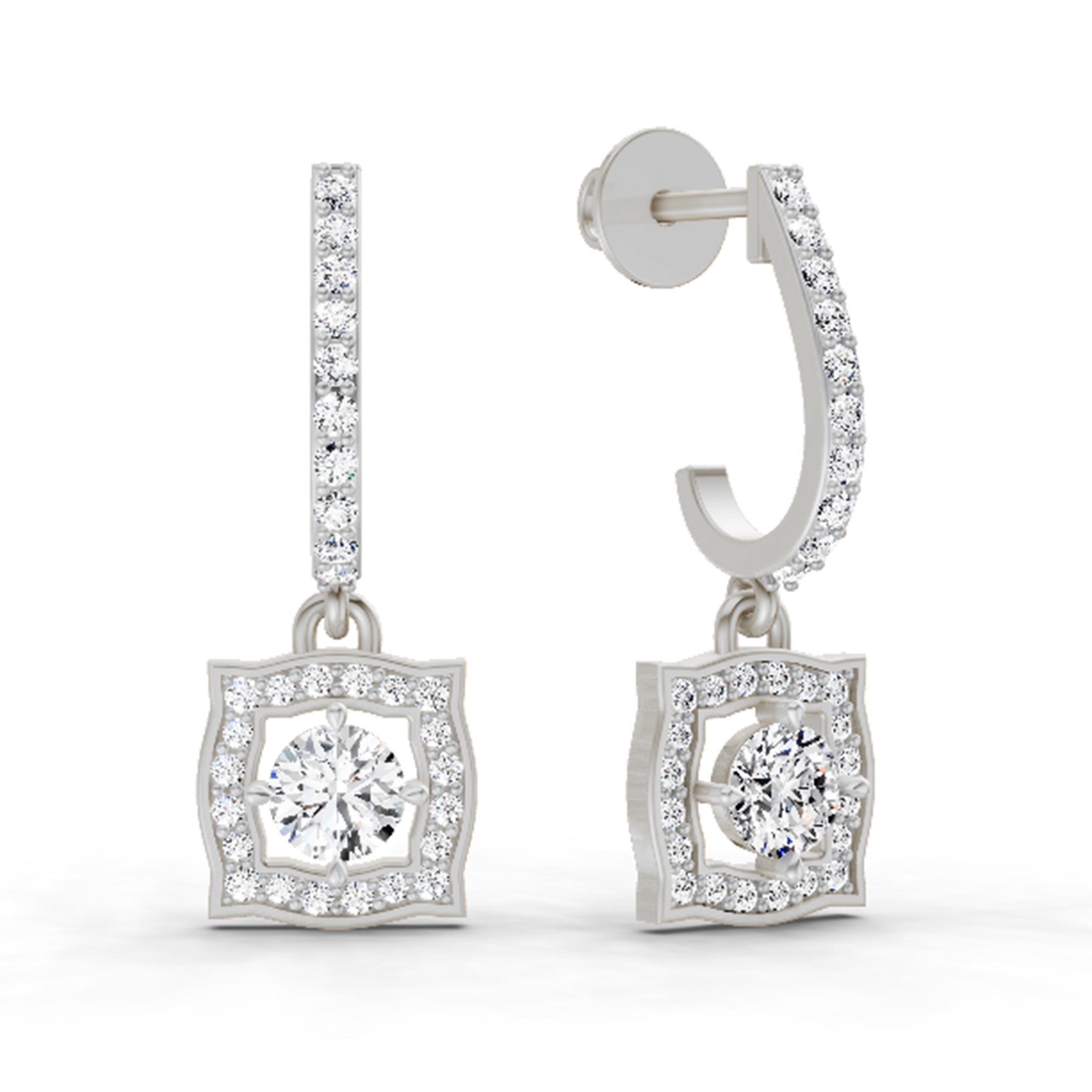 0.99 Ct Round Halo Drop Earrings |  14K White Gold
