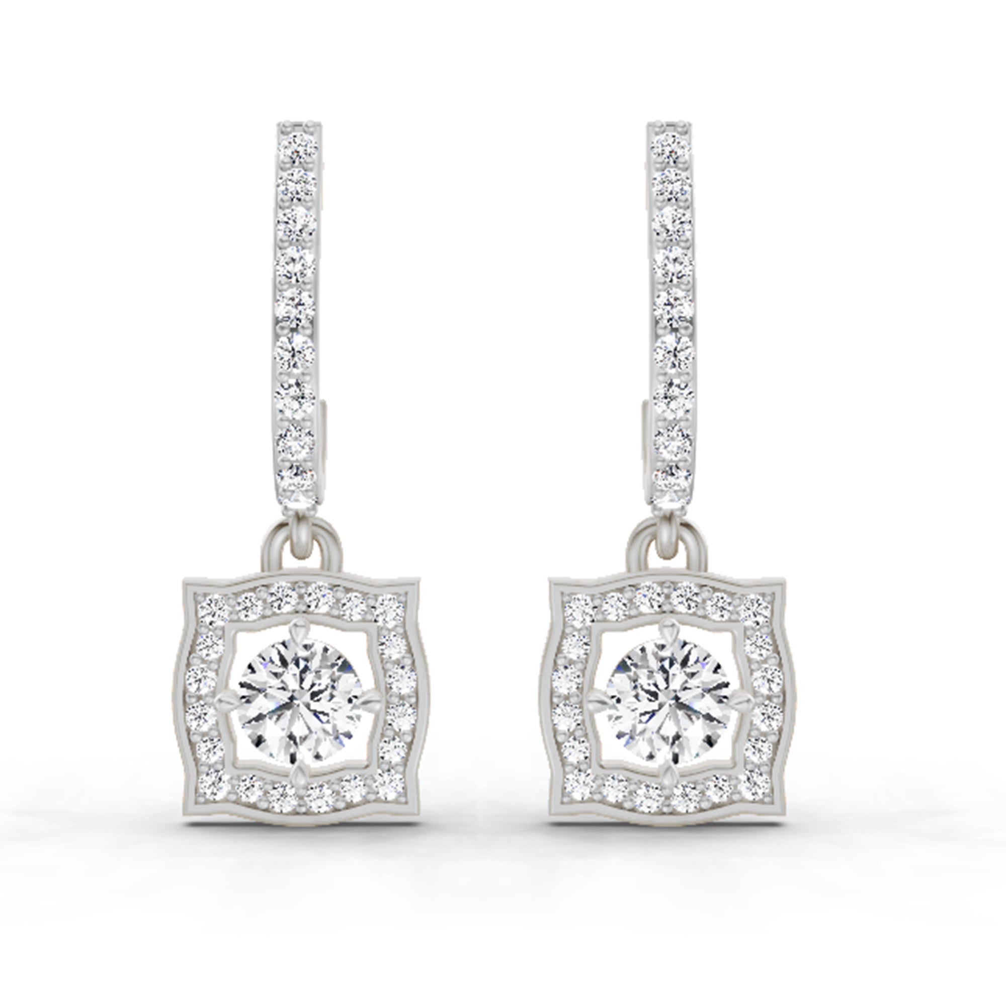 0.99 Ct Round Halo Drop Earrings |  14K White Gold