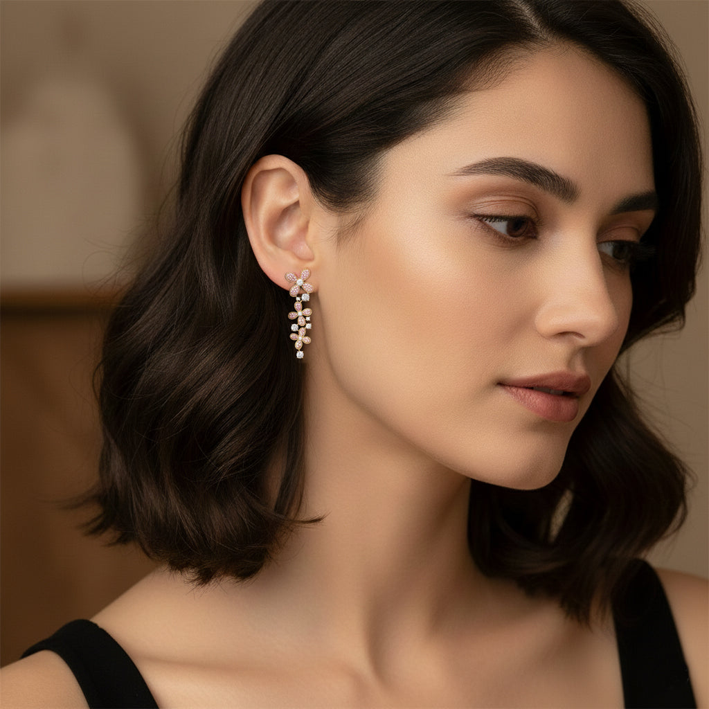 Sparkles Pink Petal Cascade Drop Diamond Earring
