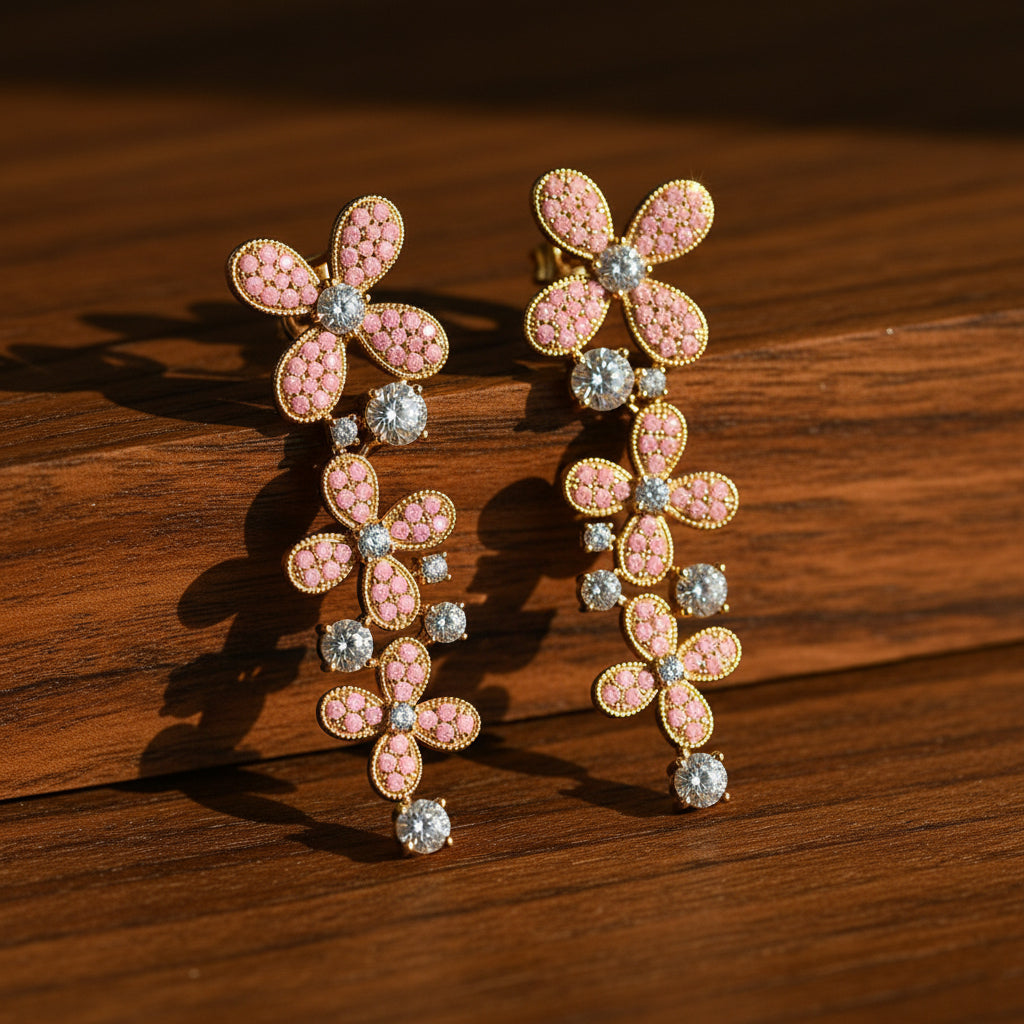 Sparkles Pink Petal Cascade Drop Diamond Earring